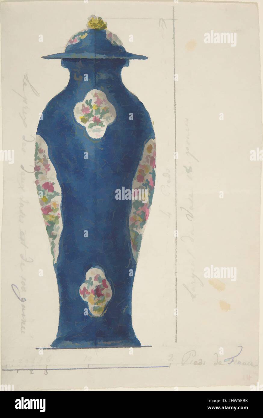 Kunst inspiriert von Design für eine Vase, ca. 1770–85, Aquarell und Graphit, 6 1/8 x 4 1/8 Zoll (15,6 x 10,4 cm), Zeichnungen, Anonym, Französisch, 18. Jahrhundert, Klassische Werke, die von Artotop mit einem Hauch von Moderne modernisiert wurden. Formen, Farbe und Wert, auffällige visuelle Wirkung auf Kunst. Emotionen durch Freiheit von Kunstwerken auf zeitgemäße Weise. Eine zeitlose Botschaft, die eine wild kreative neue Richtung verfolgt. Künstler, die sich dem digitalen Medium zuwenden und die Artotop NFT erschaffen Stockfoto