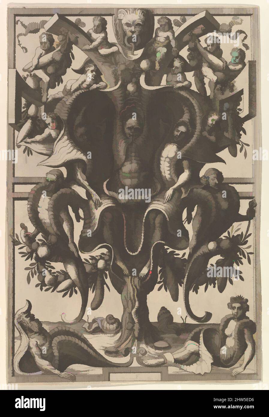 Kunst inspiriert von der aurikulären Kartusche mit Figuren in einem Strapwork-Rahmen von Veederley Veranderinghe van grotissen ende Compertimenten. Libro Primo, 1556, Radierung, insgesamt: 14 7/16 x 11 7/16 x 5/16 Zoll (36,6 x 29 x 0,8 cm), After Cornelis Floris II (Niederländisch, Antwerpen vor 1514, Klassische Werke, die von Artotop mit einem Schuss Moderne modernisiert wurden. Formen, Farbe und Wert, auffällige visuelle Wirkung auf Kunst. Emotionen durch Freiheit von Kunstwerken auf zeitgemäße Weise. Eine zeitlose Botschaft, die eine wild kreative neue Richtung verfolgt. Künstler, die sich dem digitalen Medium zuwenden und die Artotop NFT erschaffen Stockfoto