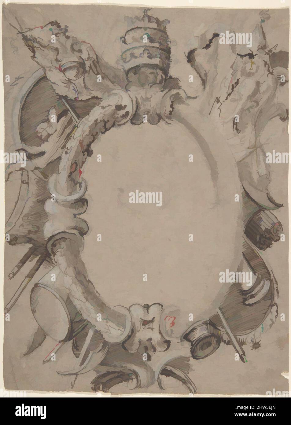 Art Inspired by Design for Cartouche with Banners, Drums, Leaves and a Woman's Head with Tiara., 1732–1802, Pen and Brown ink, brush and Brown wash highlighted with white Gouache; Spuren von Graphit in der Mitte, Sheet: 10 9/16 x 7 13/16 in. (26,9 x 19,8 cm), Zeichnungen, Carlo zugeschrieben, Klassische Werke, die von Artotop mit einem Schuss Moderne modernisiert wurden. Formen, Farbe und Wert, auffällige visuelle Wirkung auf Kunst. Emotionen durch Freiheit von Kunstwerken auf zeitgemäße Weise. Eine zeitlose Botschaft, die eine wild kreative neue Richtung verfolgt. Künstler, die sich dem digitalen Medium zuwenden und die Artotop NFT erschaffen Stockfoto