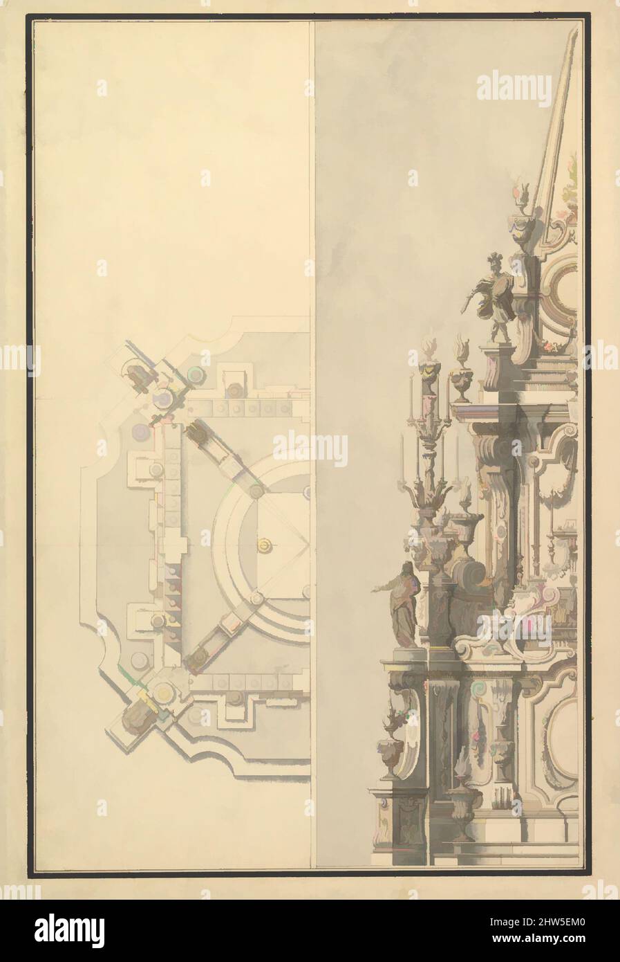 Kunst inspiriert von Half Plan und Half Elevation für eine Catafalque für Margarita Louisa, Gran Duchess of Tuscany (d. 1721), ca. 1721, Stift, braune Tinte und graue und gelbe Waschungen, 20-3/8 x 14-1/4 Zoll (51,8 x 36,2 cm), Zeichnungen, Werkstatt von Giuseppe Galli Bibiena (Italienisch, Parma 1696–1756 Berlin, Klassische Werke, die von Artotop mit einem Schuss Moderne modernisiert wurden. Formen, Farbe und Wert, auffällige visuelle Wirkung auf Kunst. Emotionen durch Freiheit von Kunstwerken auf zeitgemäße Weise. Eine zeitlose Botschaft, die eine wild kreative neue Richtung verfolgt. Künstler, die sich dem digitalen Medium zuwenden und die Artotop NFT erschaffen Stockfoto