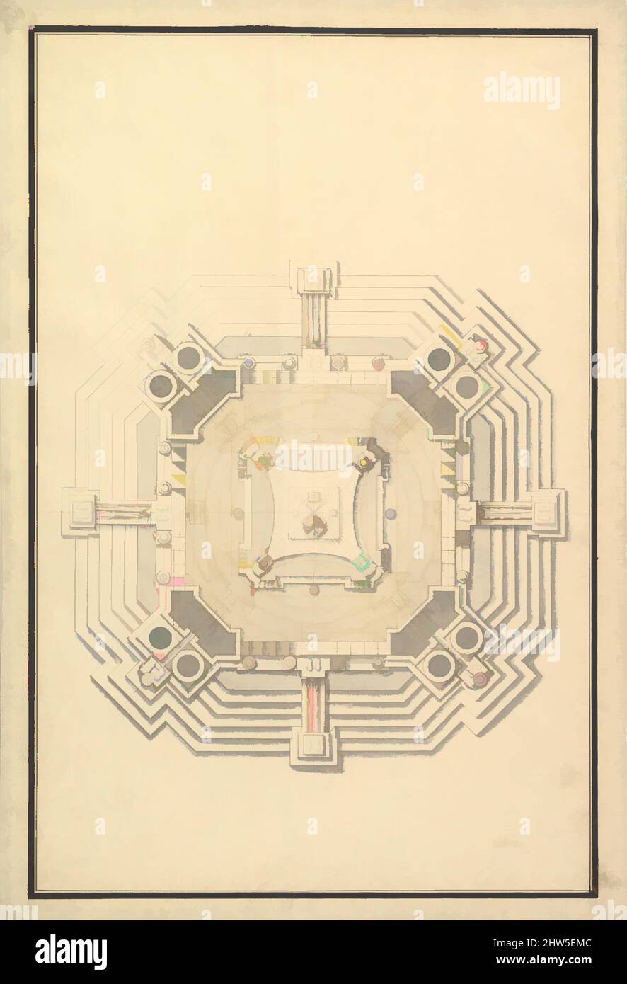 Kunst inspiriert von Ground Plan für eine Catafalque für einen Herzog von Berri, wahrscheinlich Charles, Herzog von Berri, Enkel von Ludwig XIV. Und 3. Sohn von Louis, der Dauphin (1685-1714), 1696–1756, Stift, braune Tinte und Grauwäsche, 20-5/8 x 14-1/8 Zoll (52,4 x 35,9 cm), Zeichnungen, Werkstatt von Giuseppe Galli, Klassische Werke, die von Artotop mit einem Schuss Moderne modernisiert wurden. Formen, Farbe und Wert, auffällige visuelle Wirkung auf Kunst. Emotionen durch Freiheit von Kunstwerken auf zeitgemäße Weise. Eine zeitlose Botschaft, die eine wild kreative neue Richtung verfolgt. Künstler, die sich dem digitalen Medium zuwenden und die Artotop NFT erschaffen Stockfoto