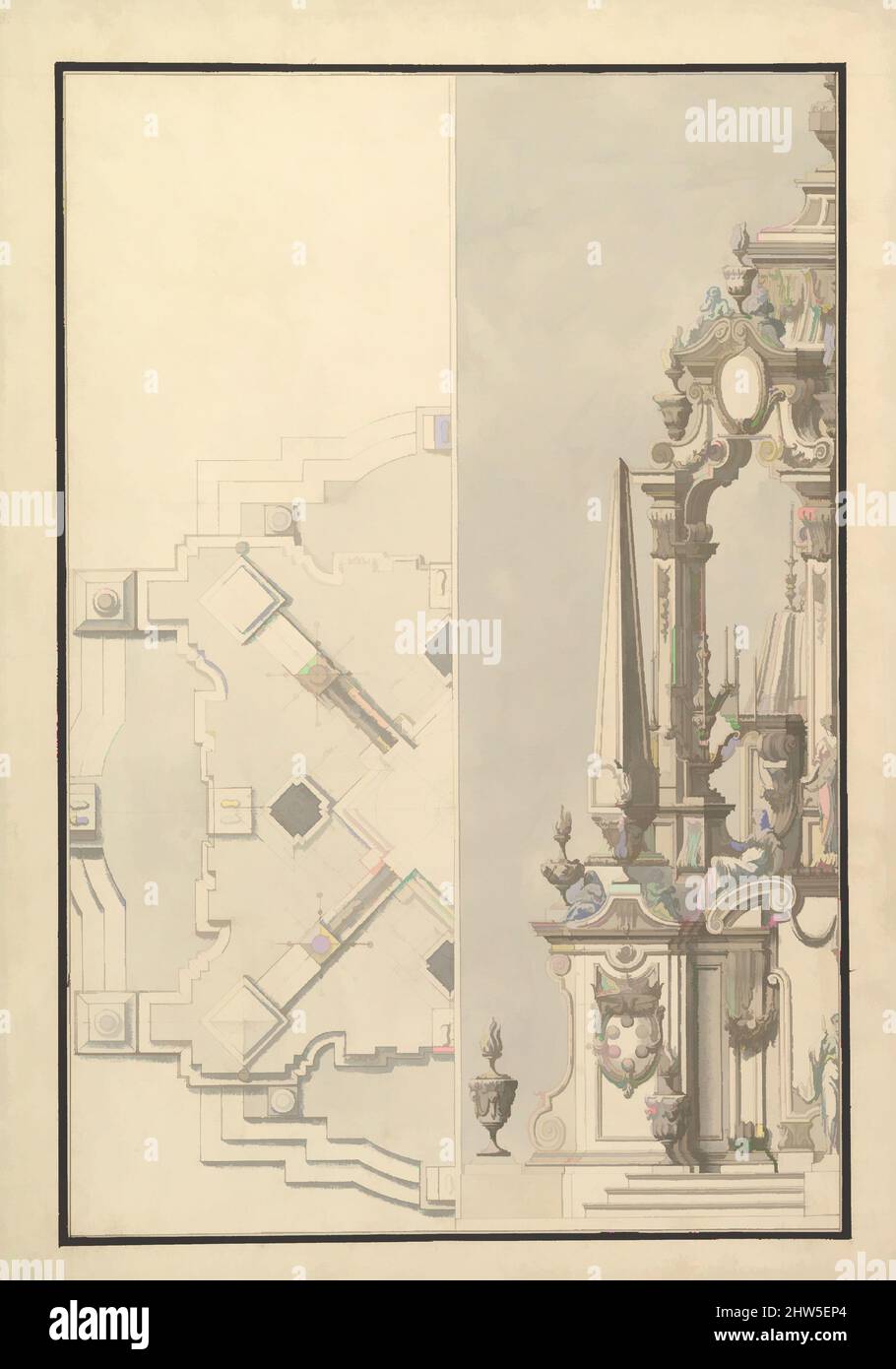 Kunst inspiriert von Half Ground Plan und Half Elevation of a Catafalque für Cosimo III dei Medici, Großherzog der Toskana (1642-1723), 1696–1756, Stift, braune Tinte und Grauwäsche, 19-7/8 x 13-7/8 Zoll (50,5 x 35,2 cm), Zeichnungen, Giuseppe Galli Bibiena (Italienisch, Parma 1696–1756 Berlin) (Werkstatt, Klassische Werke, die von Artotop mit einem Schuss Moderne modernisiert wurden. Formen, Farbe und Wert, auffällige visuelle Wirkung auf Kunst. Emotionen durch Freiheit von Kunstwerken auf zeitgemäße Weise. Eine zeitlose Botschaft, die eine wild kreative neue Richtung verfolgt. Künstler, die sich dem digitalen Medium zuwenden und die Artotop NFT erschaffen Stockfoto