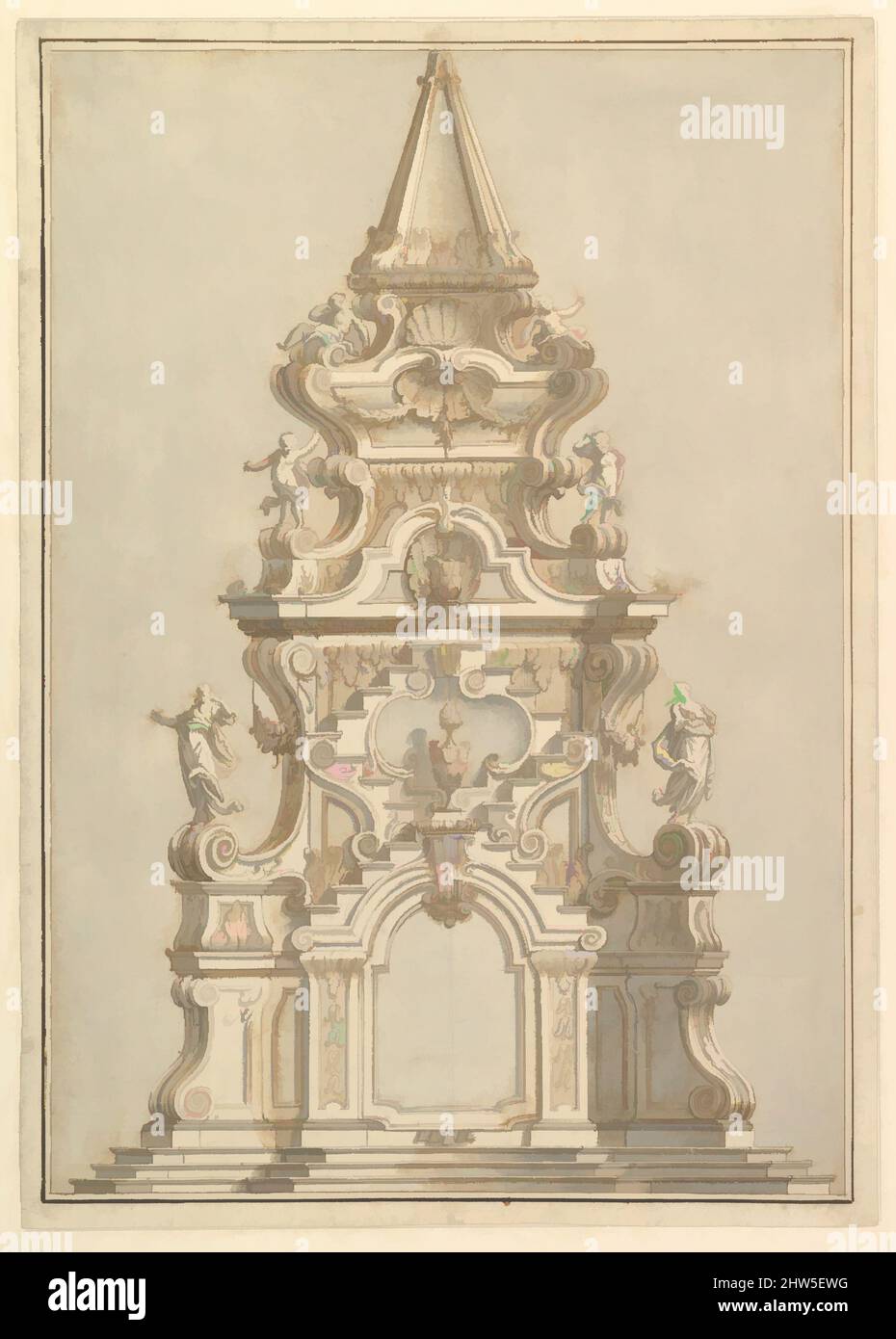 Kunst inspiriert von Elevation for a Catafalque surmounted by Squat Obelisk, verziert mit Statuen von Putti und weiblichen Figuren, 1696–1756, Stift, brauner Tinte und grauer Wäsche, 20 x 14 3/16 Zoll (50,8 x 36 cm), Zeichnungen, Werkstatt von Giuseppe Galli Bibiena (Italienisch, Parma 1696–1756 Berlin, Klassische Werke, die von Artotop mit einem Schuss Moderne modernisiert wurden. Formen, Farbe und Wert, auffällige visuelle Wirkung auf Kunst. Emotionen durch Freiheit von Kunstwerken auf zeitgemäße Weise. Eine zeitlose Botschaft, die eine wild kreative neue Richtung verfolgt. Künstler, die sich dem digitalen Medium zuwenden und die Artotop NFT erschaffen Stockfoto