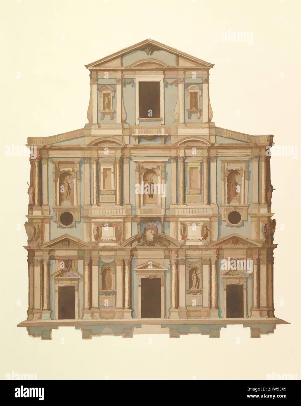 Kunst inspiriert von Zeichnung für Buontalenti's Modell für die Fassade von S. Maria del Fiore von Florenz, 1589, Stift und braune Tinte, Pinsel mit braunen und blau-grünen Waschungen, Blatt: 16 1/2 x 15 Zoll (41,9 x 38,1 cm), Zeichnungen, zugeschrieben Cigoli (Ludovico Cardi) (Italienisch, Castello di Cigoli 1559–, Klassische Werke, die von Artotop mit einem Schuss Moderne modernisiert wurden. Formen, Farbe und Wert, auffällige visuelle Wirkung auf Kunst. Emotionen durch Freiheit von Kunstwerken auf zeitgemäße Weise. Eine zeitlose Botschaft, die eine wild kreative neue Richtung verfolgt. Künstler, die sich dem digitalen Medium zuwenden und die Artotop NFT erschaffen Stockfoto