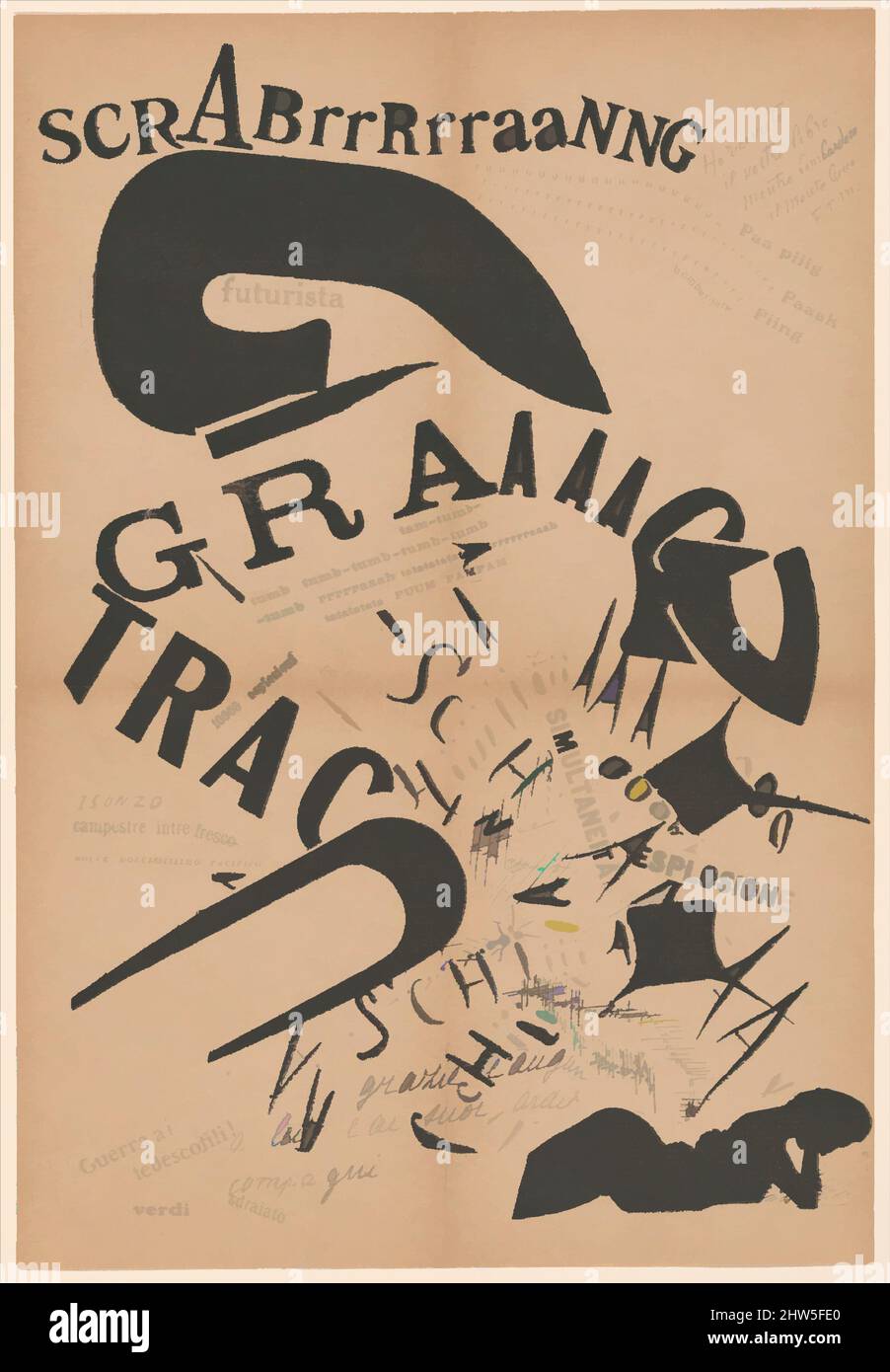 Kunst inspiriert von am Abend, liegend auf ihrem Bett, las sie den Brief ihres Artilleristen an der Front (Le Soir, Couchée dans son lit, elle relisait la lettre de son artilleur au Front), veröffentlicht in Les Mots en liberté futuristes, erstellt 1917, veröffentlicht 1919, Letterpress, 13 3/4, Klassische Werke, die von Artotop mit einem Hauch von Moderne modernisiert wurden. Formen, Farbe und Wert, auffällige visuelle Wirkung auf Kunst. Emotionen durch Freiheit von Kunstwerken auf zeitgemäße Weise. Eine zeitlose Botschaft, die eine wild kreative neue Richtung verfolgt. Künstler, die sich dem digitalen Medium zuwenden und die Artotop NFT erschaffen Stockfoto