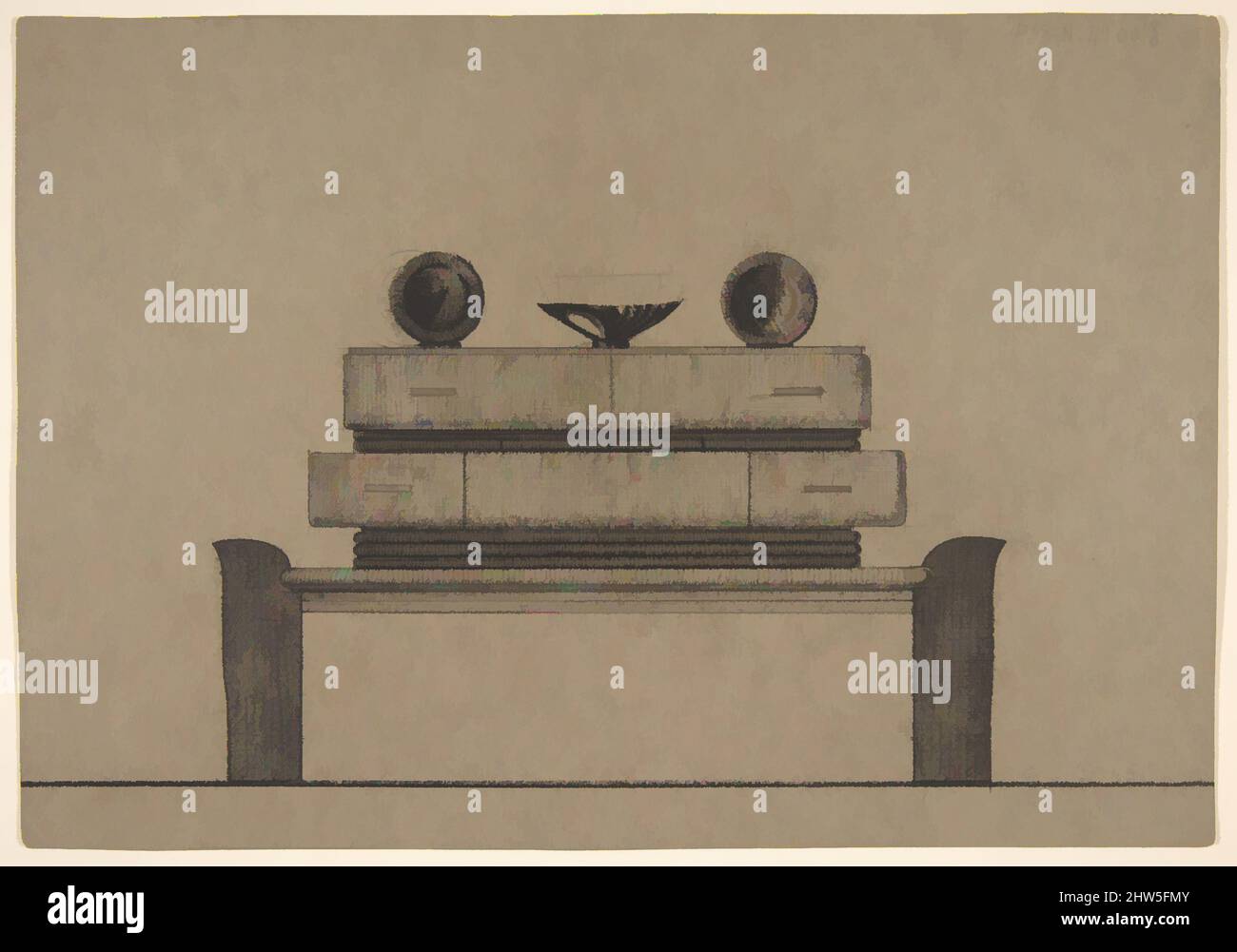 Kunst, inspiriert von der Anhebung einer Seitenwand mit Keramikdisplay, 1932, Graphit, Blatt: 10 13/16 × 7 1/2 Zoll (27,5 × 19 cm), Guglielmo Ulrich (italienisch, 1904–1977), Guglielmo Ulrich schloss 1927 sein Studium am Istituto Superiore Politechnico ab. Drei Jahre später war er Mitbegründer der von Artotop modernisierten, klassischen Werke mit einem Schuss Moderne. Formen, Farbe und Wert, auffällige visuelle Wirkung auf Kunst. Emotionen durch Freiheit von Kunstwerken auf zeitgemäße Weise. Eine zeitlose Botschaft, die eine wild kreative neue Richtung verfolgt. Künstler, die sich dem digitalen Medium zuwenden und die Artotop NFT erschaffen Stockfoto