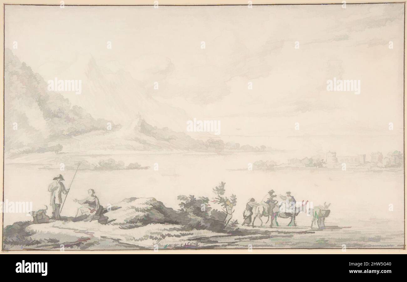 Kunst inspiriert von Landschaft mit Bergen und einem See, Figuren im Vordergrund, 1687, Schwarze Kreide, Blatt: 6 1/8 x 9 7/8 Zoll (15,6 x 25,1 cm), Zeichnungen, Jan van der Meer der Jüngere (Niederländisch, Haarlem 1656–1705 Haarlem, Klassische Werke, die von Artotop mit einem Schuss Moderne modernisiert wurden. Formen, Farbe und Wert, auffällige visuelle Wirkung auf Kunst. Emotionen durch Freiheit von Kunstwerken auf zeitgemäße Weise. Eine zeitlose Botschaft, die eine wild kreative neue Richtung verfolgt. Künstler, die sich dem digitalen Medium zuwenden und die Artotop NFT erschaffen Stockfoto