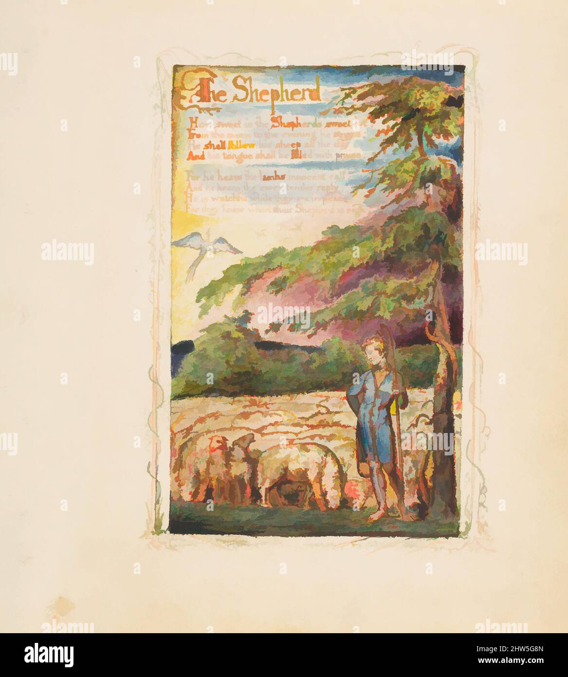 Kunst inspiriert von Songs of Innocence und der Erfahrung: The Shepherd, ca. 1825, Relief-Radierung in orange-brauner Tinte gedruckt und handfarbig mit Aquarell und Gold, Blatt: 6 3/16 x 5 9/16 Zoll (15,7 x 14,1 cm), Drucke, William Blake (British, London 1757–1827 London, Klassische Werke, die von Artotop mit einem Schuss Moderne modernisiert wurden. Formen, Farbe und Wert, auffällige visuelle Wirkung auf Kunst. Emotionen durch Freiheit von Kunstwerken auf zeitgemäße Weise. Eine zeitlose Botschaft, die eine wild kreative neue Richtung verfolgt. Künstler, die sich dem digitalen Medium zuwenden und die Artotop NFT erschaffen Stockfoto