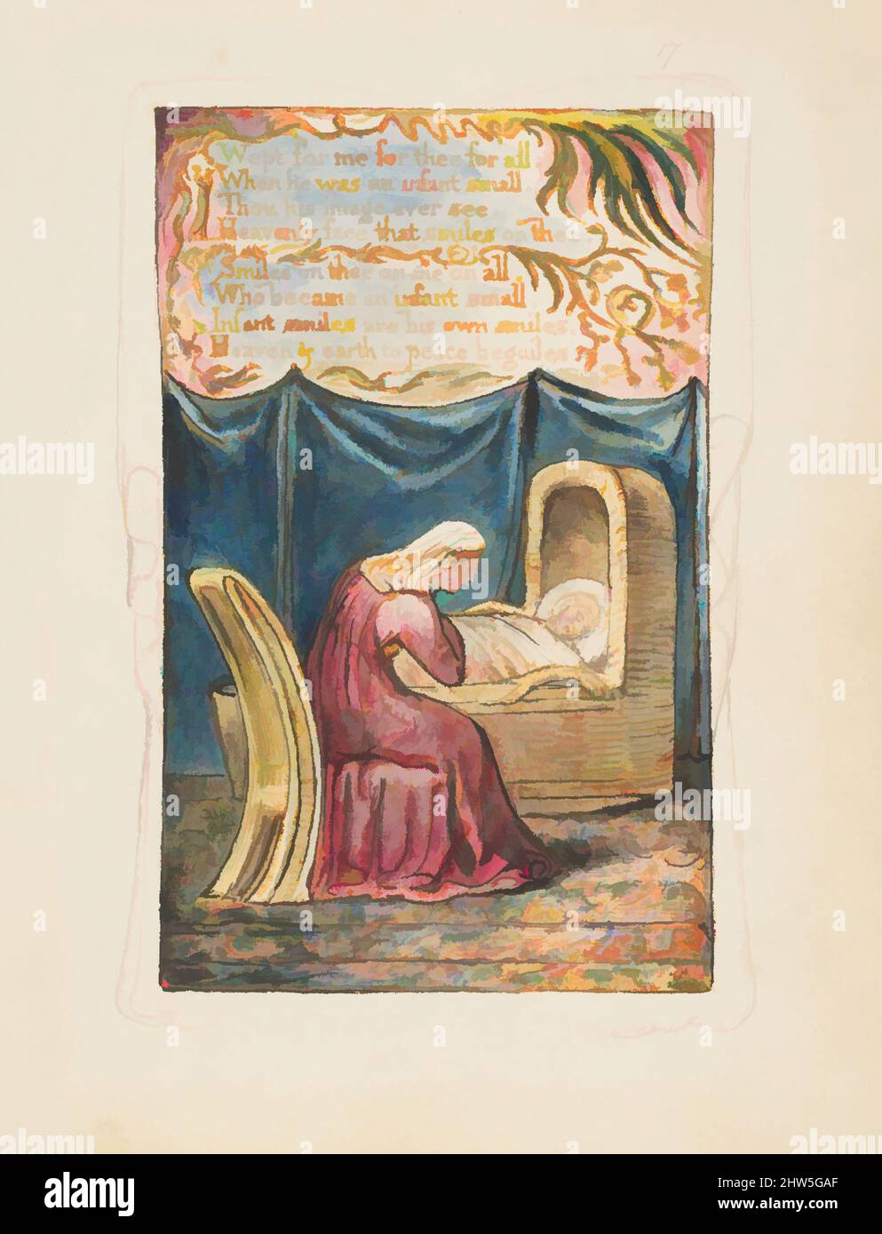 Kunst inspiriert von Songs of Innocence und of Experience: Cradle Song (zweite Platte): Weinte für mich für dich für alle, ca. 1825, Relief-Radierung in orange-brauner Tinte gedruckt und handfarbig mit Aquarell und Gold, Blatt: 6 3/16 x 5 9/16 Zoll (15,7 x 14,1 cm), Drucke, William Blake (britisch, Klassische Werke, die von Artotop mit einem Schuss Modernität modernisiert wurden. Formen, Farbe und Wert, auffällige visuelle Wirkung auf Kunst. Emotionen durch Freiheit von Kunstwerken auf zeitgemäße Weise. Eine zeitlose Botschaft, die eine wild kreative neue Richtung verfolgt. Künstler, die sich dem digitalen Medium zuwenden und die Artotop NFT erschaffen Stockfoto