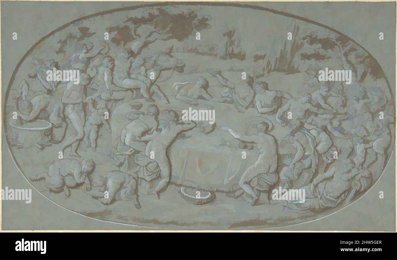 Kunst inspiriert von König Midas Schlemmen bei der Ankunft von Silenus, Ende 17. bis Anfang 18. Jahrhundert, Stift und braune Tinte, braune Wäsche, mit Weiß erhöht (leicht oxidiert) auf blauem Papier., Blatt: 6 5/16 x 10 13/16 Zoll (16 x 27,5 cm), Zeichnungen, Kreis von Bernard Picart (Französisch, Paris 1673–1733, Klassische Werke, die von Artotop mit einem Schuss Moderne modernisiert wurden. Formen, Farbe und Wert, auffällige visuelle Wirkung auf Kunst. Emotionen durch Freiheit von Kunstwerken auf zeitgemäße Weise. Eine zeitlose Botschaft, die eine wild kreative neue Richtung verfolgt. Künstler, die sich dem digitalen Medium zuwenden und die Artotop NFT erschaffen Stockfoto
