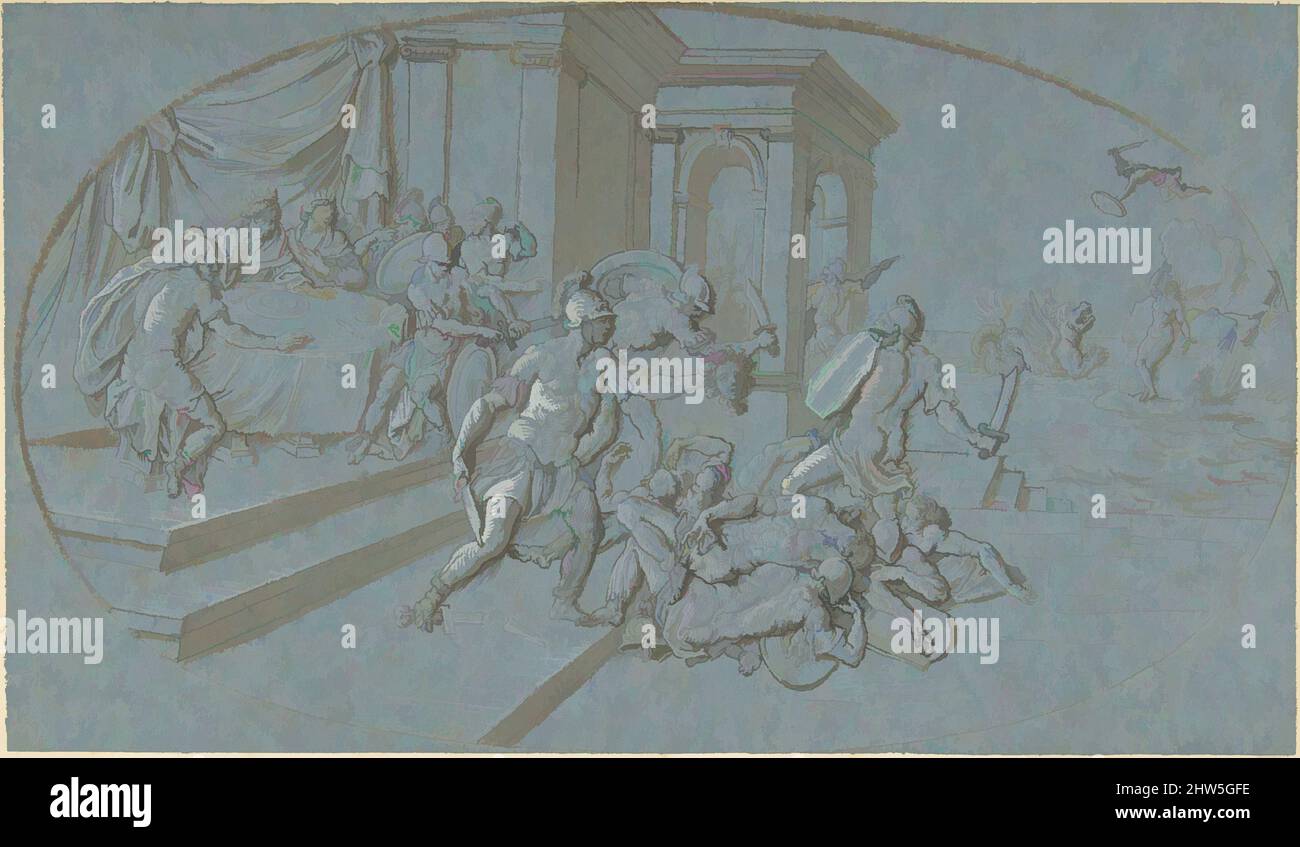 Kunst inspiriert durch den Kampf zwischen Perseus und Pineus im Palast von Cephos, Ende 17.–Anfang 18. Jahrhundert, Stift und braune Tinte, braune Wäsche, mit Weiß auf blauem Papier verstärkt., Blatt: 6 1/4 x 10 13/16 Zoll (15,9 x 27,5 cm), Zeichnungen, Kreis von Bernard Picart (Französisch, Paris 1673–1733, Klassische Werke, die von Artotop mit einem Schuss Moderne modernisiert wurden. Formen, Farbe und Wert, auffällige visuelle Wirkung auf Kunst. Emotionen durch Freiheit von Kunstwerken auf zeitgemäße Weise. Eine zeitlose Botschaft, die eine wild kreative neue Richtung verfolgt. Künstler, die sich dem digitalen Medium zuwenden und die Artotop NFT erschaffen Stockfoto