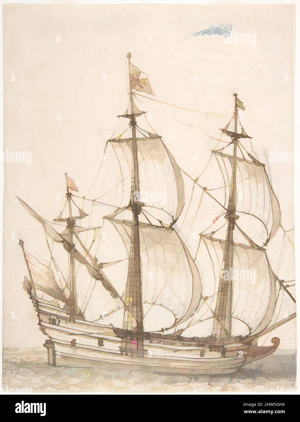 Art Inspired by Old Ship Model, 17. Century, Stift und braune Tinte, Pinsel und braune Wäsche, über Spuren von schwarzer und roter Kreide, Blatt: 6 1/8 x 4 5/8 Zoll (15,6 x 11,8 cm), Zeichnungen, Willem van de Velde I (Niederländisch, Leiden 1611–1693 London, Klassische Werke, die von Artotop mit einem Schuss Moderne modernisiert wurden. Formen, Farbe und Wert, auffällige visuelle Wirkung auf Kunst. Emotionen durch Freiheit von Kunstwerken auf zeitgemäße Weise. Eine zeitlose Botschaft, die eine wild kreative neue Richtung verfolgt. Künstler, die sich dem digitalen Medium zuwenden und die Artotop NFT erschaffen Stockfoto