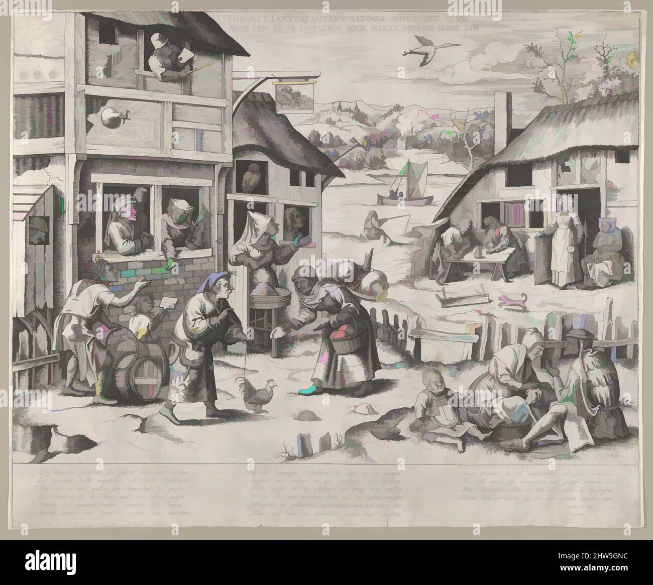 Kunst inspiriert von Einem flämischen Dorf mit zehn Sprüchen über Faulheit, n.d., Gravieren, Drucken, Frans Huys (Niederländisches, 1522–1562, von Artotop modernisierte klassische Werke mit einem Schuss Moderne. Formen, Farbe und Wert, auffällige visuelle Wirkung auf Kunst. Emotionen durch Freiheit von Kunstwerken auf zeitgemäße Weise. Eine zeitlose Botschaft, die eine wild kreative neue Richtung verfolgt. Künstler, die sich dem digitalen Medium zuwenden und die Artotop NFT erschaffen Stockfoto