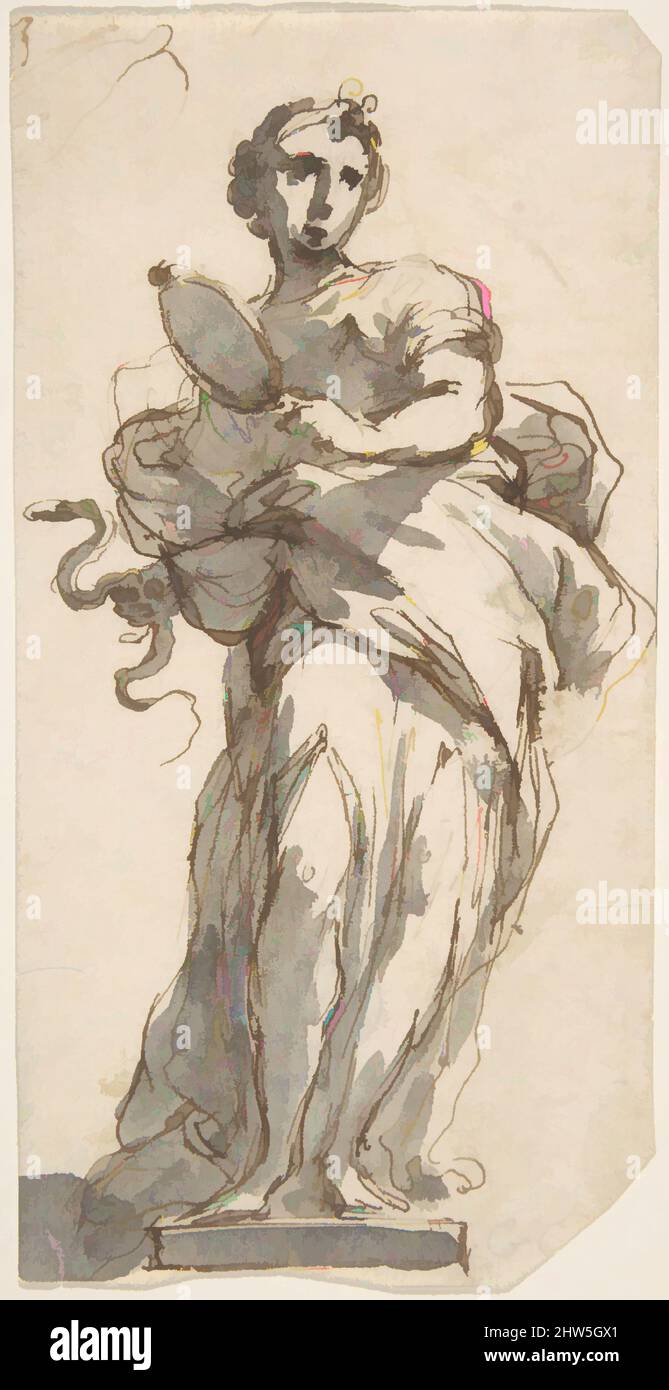 Art inspired by Design for a Statue of Prudence with Sketches at Upper Left Corner., n.d., Pen and Brown ink, brush and grey wash over traces of black Chalk, sheet: 5 1/4 x 2 11/16 in. (13,4 x 6,9 cm), Zeichnungen, Giuseppe Bernardino Bison (Italienisch, Palmanova 1762–1844 Mailand, Klassische Werke, die von Artotop mit einem Schuss Moderne modernisiert wurden. Formen, Farbe und Wert, auffällige visuelle Wirkung auf Kunst. Emotionen durch Freiheit von Kunstwerken auf zeitgemäße Weise. Eine zeitlose Botschaft, die eine wild kreative neue Richtung verfolgt. Künstler, die sich dem digitalen Medium zuwenden und die Artotop NFT erschaffen Stockfoto