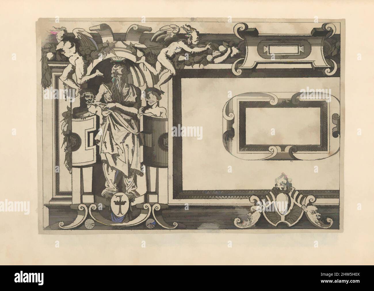 Kunst inspiriert durch Entwürfe für Rahmen nach der Galerie de François 1er in Fontainebleau, 1542-47, Radierung, insgesamt: 12 7/16 x 8 11/16 x 1/2 Zoll (31,6 x 22,1 x 1,2 cm), Jacques Androuet Du Cerceau (Französisch, Paris 1510/12–1585 Annecy, Klassische Werke, die von Artotop mit einem Schuss Moderne modernisiert wurden. Formen, Farbe und Wert, auffällige visuelle Wirkung auf Kunst. Emotionen durch Freiheit von Kunstwerken auf zeitgemäße Weise. Eine zeitlose Botschaft, die eine wild kreative neue Richtung verfolgt. Künstler, die sich dem digitalen Medium zuwenden und die Artotop NFT erschaffen Stockfoto