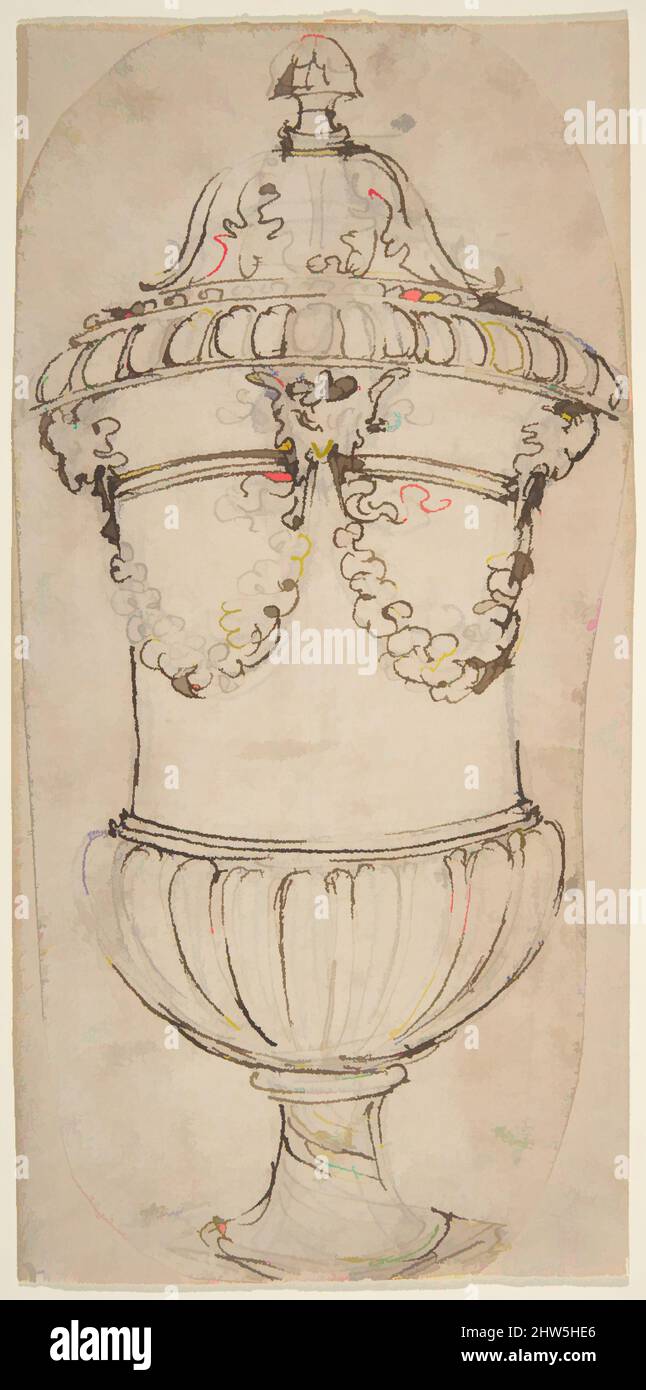 Art Inspired by Design for a Lidded Gadrooned Vase with Satyr Heads Holding Girlanden, 1652–1725, Stift und braune Tinte über Spuren schwarzer Kreide, Blatt: 9 1/8 x 4 1/2 Zoll (23,2 x 11,5 cm), Giovanni Battista Foggini (Italienisch, Florenz 1652–1725 Florenz, Klassische Werke, die von Artotop mit einem Schuss Moderne modernisiert wurden. Formen, Farbe und Wert, auffällige visuelle Wirkung auf Kunst. Emotionen durch Freiheit von Kunstwerken auf zeitgemäße Weise. Eine zeitlose Botschaft, die eine wild kreative neue Richtung verfolgt. Künstler, die sich dem digitalen Medium zuwenden und die Artotop NFT erschaffen Stockfoto