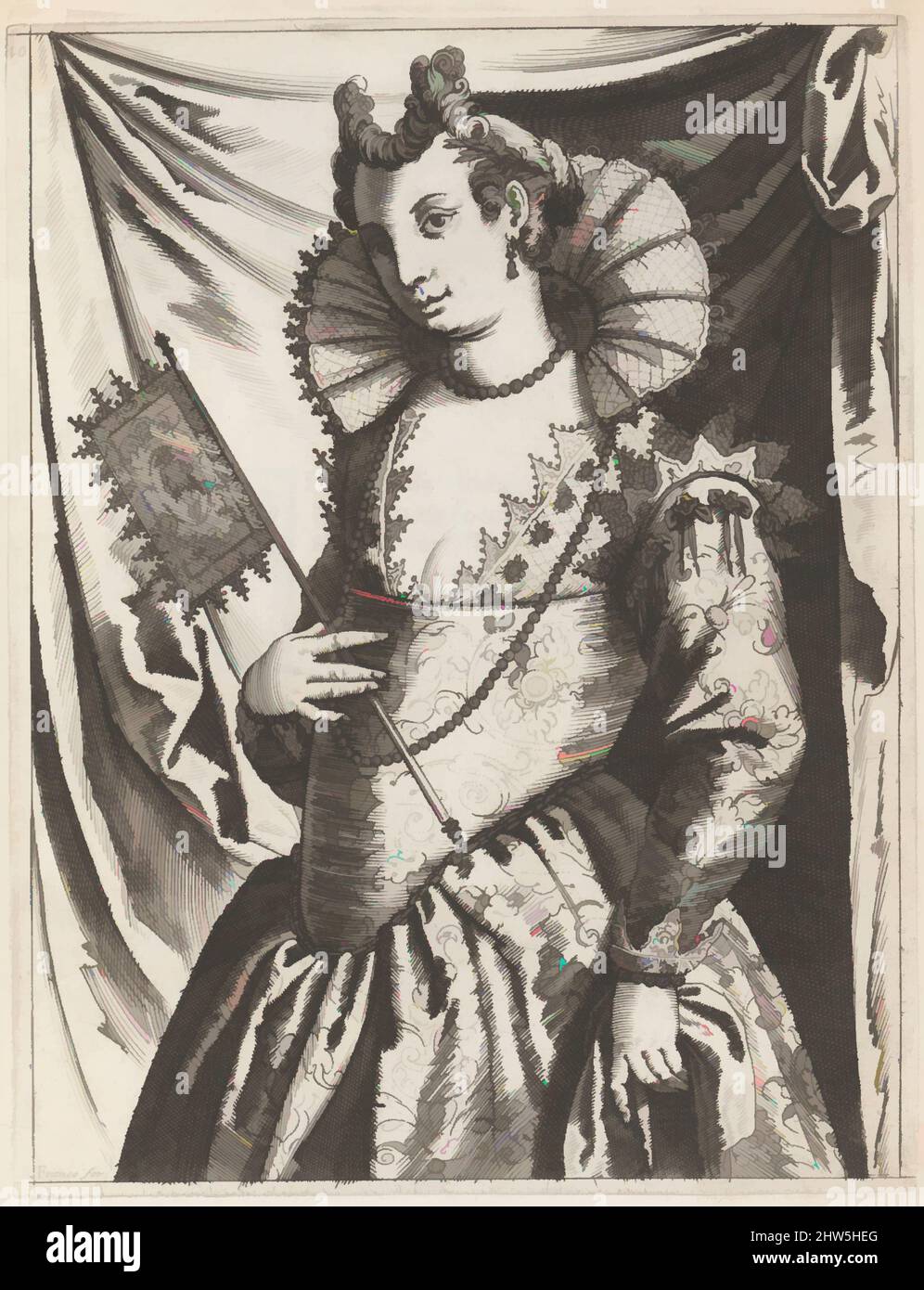 Kunst inspiriert von Habiti delle Donne Venetiane (Kleid der venezianischen Frauen), ca. 1591–1610, Gravieren und Holzschnitt, insgesamt: 11 x 8 1/4 x 1 Zoll (28 x 21 x 2,5 cm), Bücher, Giacomo Franco (Italienisch, Venedig 1550–1620 Venedig), Dieses Buch besteht aus zwanzig nummerierten Tafeln kunstvoll gekleideter Frauen, Klassische Werke, die von Artotop mit einem Schuss Moderne modernisiert wurden. Formen, Farbe und Wert, auffällige visuelle Wirkung auf Kunst. Emotionen durch Freiheit von Kunstwerken auf zeitgemäße Weise. Eine zeitlose Botschaft, die eine wild kreative neue Richtung verfolgt. Künstler, die sich dem digitalen Medium zuwenden und die Artotop NFT erschaffen Stockfoto