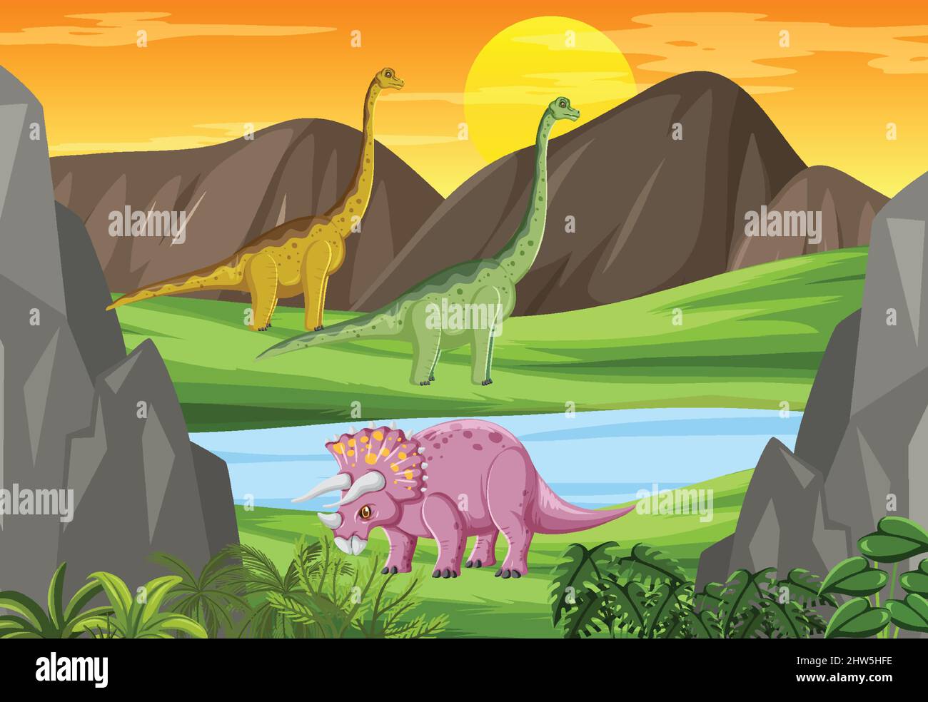 Naturszene mit Teich und Dinosaurier Illustration Stock Vektor