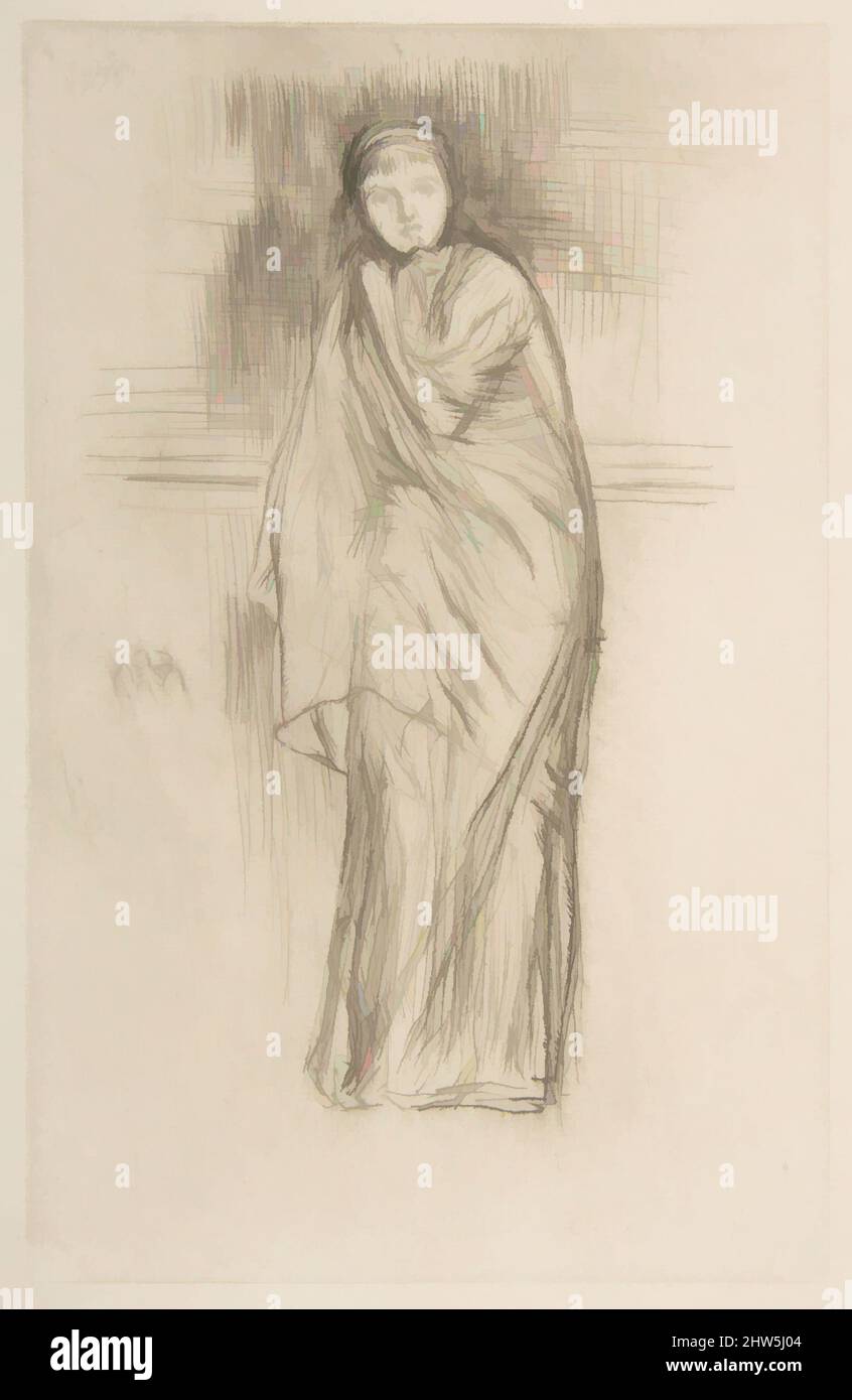 Art Inspired by the Model Resting (Draped Model), 1870, Drypoint; Neunter State of Elf (Glasgow); gedruckt in schwarzer Tinte auf elfenbeinfarbenem Papier mit Wasserzeichen: Arms of Ansterdam, Bild: 8 1/8 x 5 1/8 Zoll (20,7 x 13 cm), Drucke, James McNeill Whistler (Amerikaner, Lowell, Massachusetts 1834–, Klassisches Werk, das von Artotop mit einem Schuss Moderne modernisiert wurde. Formen, Farbe und Wert, auffällige visuelle Wirkung auf Kunst. Emotionen durch Freiheit von Kunstwerken auf zeitgemäße Weise. Eine zeitlose Botschaft, die eine wild kreative neue Richtung verfolgt. Künstler, die sich dem digitalen Medium zuwenden und die Artotop NFT erschaffen Stockfoto
