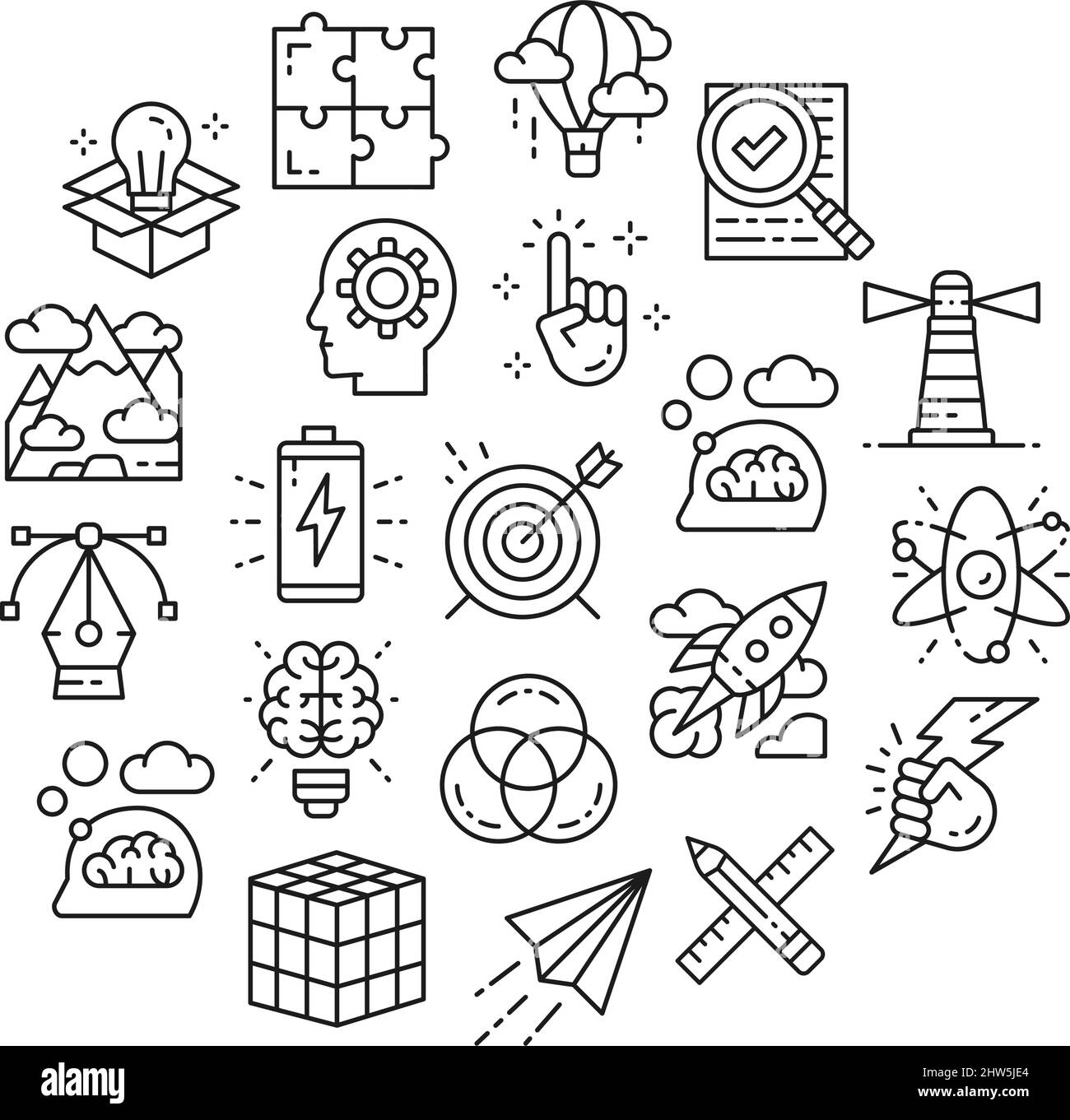 Symbole für die kreative Linie. Innovation, Startup, Artwork, Projekt, Ideen-Icons in einem Kreis isoliert auf weißem Hintergrund. Stock Vektor