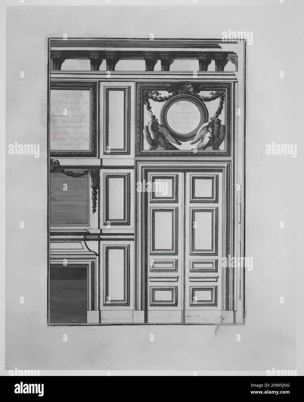 Kunst inspiriert von Porte et Cheminée de la Salle du Billard à Versailles, 18. Jahrhundert, Gravur, insgesamt: 13 x 9 1/8 x 3/16 Zoll (33 x 23,2 x 0,5 cm), Bücher, Klassisches Werk von Artotop mit einem Schuss Moderne modernisiert. Formen, Farbe und Wert, auffällige visuelle Wirkung auf Kunst. Emotionen durch Freiheit von Kunstwerken auf zeitgemäße Weise. Eine zeitlose Botschaft, die eine wild kreative neue Richtung verfolgt. Künstler, die sich dem digitalen Medium zuwenden und die Artotop NFT erschaffen Stockfoto