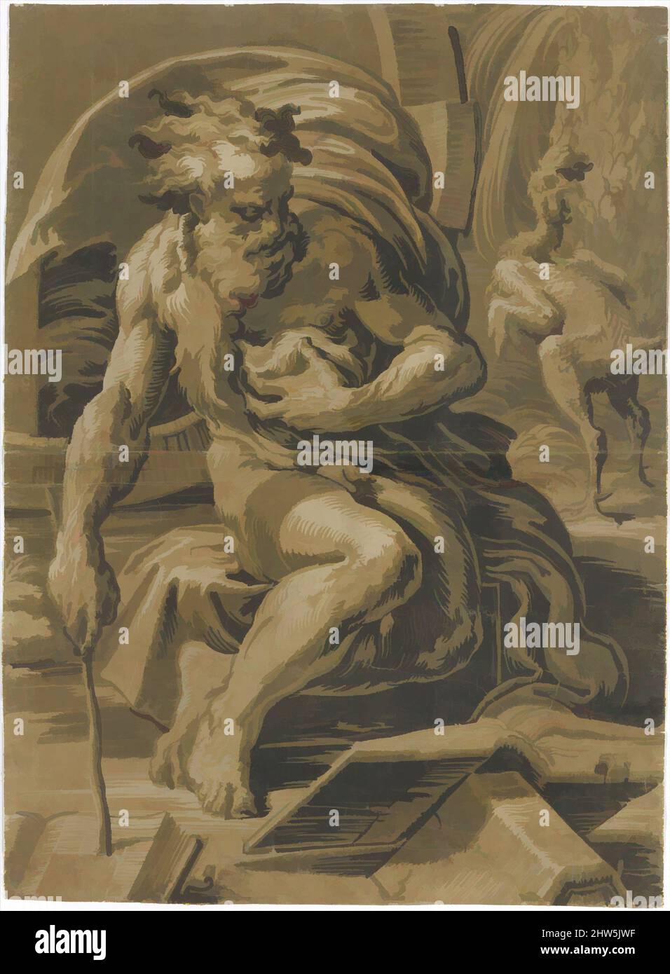 Kunst inspiriert von Diogenes, vor seinem Fass sitzend, aus einem Buch lesend, rechts hinter ihm eine gezupfte Henne, 1520–30, Chiaroscuro-Holzschnitt aus vier Blöcken in grau-grüner Tinte, Bild: 18 11/16 x 13 5/8 in. (47,5 x 34,6 cm), Drucke, Ugo da Carpi (italienisch, Carpi ca. 1480–, von Artotop modernisierte klassische Werke mit einem Schuss Moderne. Formen, Farbe und Wert, auffällige visuelle Wirkung auf Kunst. Emotionen durch Freiheit von Kunstwerken auf zeitgemäße Weise. Eine zeitlose Botschaft, die eine wild kreative neue Richtung verfolgt. Künstler, die sich dem digitalen Medium zuwenden und die Artotop NFT erschaffen Stockfoto
