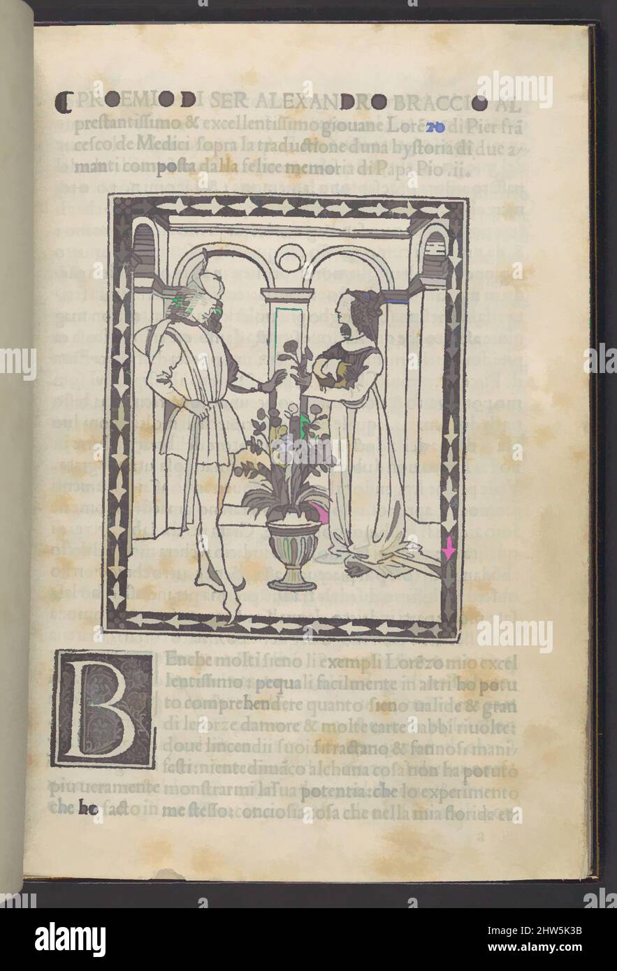 Kunst inspiriert von Storia di due amanti (Geschichte von zwei Liebenden), ca. 1495–1500, gedrucktes Buch mit Holzschnitt-Illustrationen, 8 1/16 x 5 11/16 x 3/8 Zoll (20,5 x 14,5 x 1 cm), Bücher, Enea Silvio Piccolomini, der Papst Pius II. (R. 1458–64), schrieb diese Geschichte des Ehebruchs im Jahr 1444, bevor er die von Artotop modernisierten Klassiker mit einem Spritzer Modernität aufnahm. Formen, Farbe und Wert, auffällige visuelle Wirkung auf Kunst. Emotionen durch Freiheit von Kunstwerken auf zeitgemäße Weise. Eine zeitlose Botschaft, die eine wild kreative neue Richtung verfolgt. Künstler, die sich dem digitalen Medium zuwenden und die Artotop NFT erschaffen Stockfoto