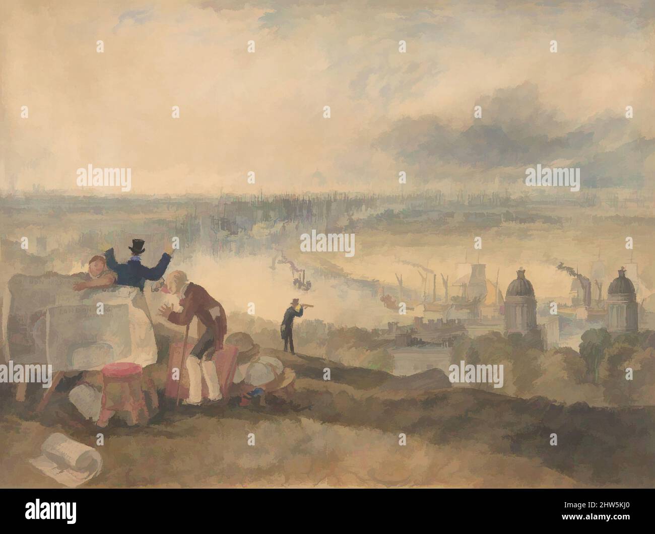 Art Inspired by View of London from Greenwich, 1825, Aquarell und Tinte und Spuren von Graphit, Blatt: 8 3/8 x 11 Zoll (21,3 x 28 cm), Zeichnungen, Joseph Mallord William Turner (britisch, London 1775–1851 London), Turner bietet hier ein Panorama des Großraums London vom Greenwich Park aus, klassische Werke, die von Artotop mit einem Schuss Moderne modernisiert wurden. Formen, Farbe und Wert, auffällige visuelle Wirkung auf Kunst. Emotionen durch Freiheit von Kunstwerken auf zeitgemäße Weise. Eine zeitlose Botschaft, die eine wild kreative neue Richtung verfolgt. Künstler, die sich dem digitalen Medium zuwenden und die Artotop NFT erschaffen Stockfoto