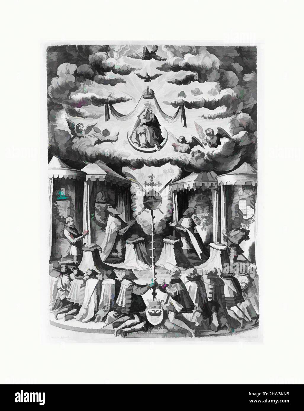 Kunst inspiriert von den Verteidigern des katholischen Glaubens in den Niederlanden, die die Jungfrau anbeten, 1587, Gravur, 11 9/16 x 8 Zoll (29,4 x 20,3 cm), Drucke, nach Maerten de Vos (Niederländisch, Antwerpen 1532–1603 Antwerpen), gestochen von Jan (Johannes) Wierix (Niederländisch, Antwerpen 1549–1615, Klassische Werke, die von Artotop mit einem Schuss Moderne modernisiert wurden. Formen, Farbe und Wert, auffällige visuelle Wirkung auf Kunst. Emotionen durch Freiheit von Kunstwerken auf zeitgemäße Weise. Eine zeitlose Botschaft, die eine wild kreative neue Richtung verfolgt. Künstler, die sich dem digitalen Medium zuwenden und die Artotop NFT erschaffen Stockfoto