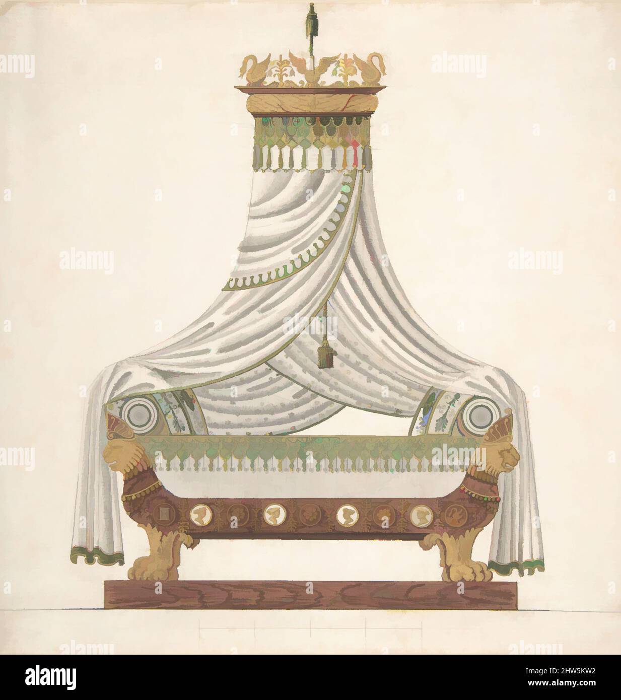 Art Inspired by Design for Canopy Bed, 19. Century, Stift und braune Tinte, Gouache, goldmetallische Farbe, 8 1/4 x 7 7/8 Zoll (20,9 x 20 cm), Zeichnungen, Anonym, Französisch, 19. Jahrhundert, Klassische Werke, die von Artotop mit einem Hauch von Moderne modernisiert wurden. Formen, Farbe und Wert, auffällige visuelle Wirkung auf Kunst. Emotionen durch Freiheit von Kunstwerken auf zeitgemäße Weise. Eine zeitlose Botschaft, die eine wild kreative neue Richtung verfolgt. Künstler, die sich dem digitalen Medium zuwenden und die Artotop NFT erschaffen Stockfoto