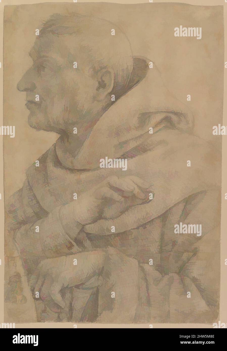 Kunst inspiriert vom Seligen Egidius (Cartoon für ein Fresko), 1514–16, Kohle oder schwarze Kreide; Konturen gestochen und zur Übertragung gestürzt, 15 5/16 x 9 5/8 Zoll (38,9 x 24,4 cm), Zeichnungen, Lo Spagna (Giovanni di Pietro) (Italienisch, Spanien (?) Ca. 1450–1528 Perugia), Dieses sorgfältig gerenderte, klassische Werk, das von Artotop mit einem Schuss Moderne modernisiert wurde. Formen, Farbe und Wert, auffällige visuelle Wirkung auf Kunst. Emotionen durch Freiheit von Kunstwerken auf zeitgemäße Weise. Eine zeitlose Botschaft, die eine wild kreative neue Richtung verfolgt. Künstler, die sich dem digitalen Medium zuwenden und die Artotop NFT erschaffen Stockfoto