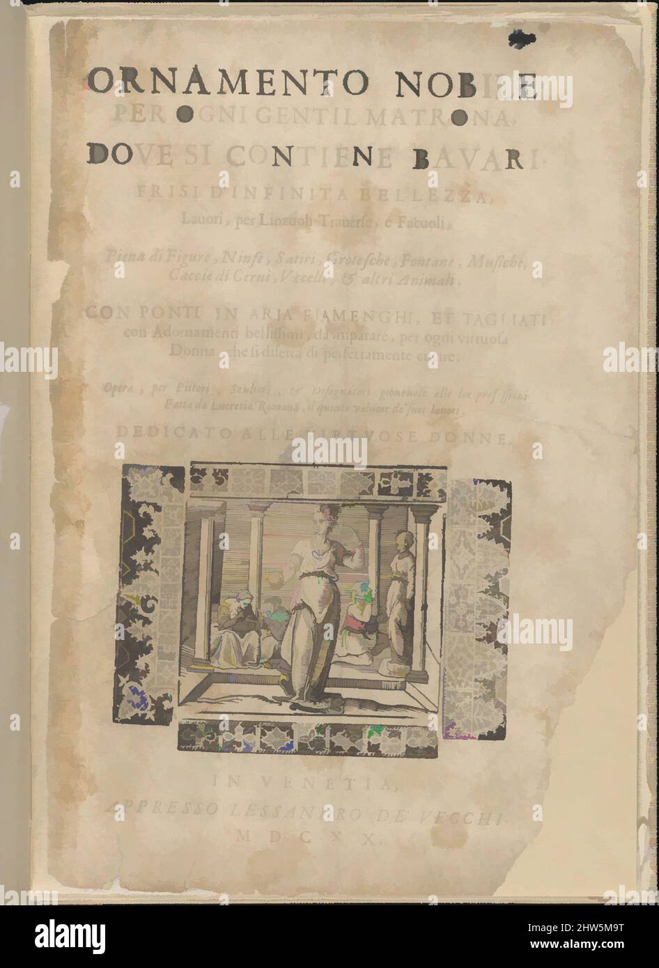 Kunst inspiriert von Ornamento nobile...Fatta da Lucretia Romana (Libro V der Corona), 1620, Holzschnitt, insgesamt: 12 3/16 x 8 1/4 Zoll (31 x 21 cm), geschrieben von Cesare Vecellio, italienisch, Pieve di Cadore 1521-1601 Venedig, herausgegeben von Alessandro de' Vecchi. Titelseite mit Illustration, Klassisches Werk, modernisiert von Artotop mit einem Schuss Moderne. Formen, Farbe und Wert, auffällige visuelle Wirkung auf Kunst. Emotionen durch Freiheit von Kunstwerken auf zeitgemäße Weise. Eine zeitlose Botschaft, die eine wild kreative neue Richtung verfolgt. Künstler, die sich dem digitalen Medium zuwenden und die Artotop NFT erschaffen Stockfoto