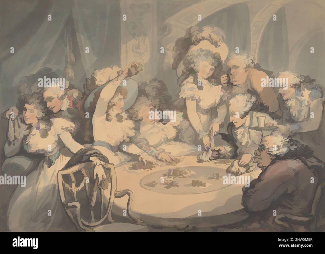 Kunst inspiriert von Einem Spieltisch im Devonshire House, 1791, Stift und Tinte und Aquarell, Blatt: 12 1/8 x 17 1/8 Zoll (30,8 x 43,5 cm), Zeichnungen, Thomas Rowlandson (britisch, London 1757–1827 London), Rowlandson unterstrich den Griff des Glücksspiels auf britische Aristokraten Ende des 18. Jahrhunderts, die von Artotop modernisierten Classic Works mit einem Schuss Moderne. Formen, Farbe und Wert, auffällige visuelle Wirkung auf Kunst. Emotionen durch Freiheit von Kunstwerken auf zeitgemäße Weise. Eine zeitlose Botschaft, die eine wild kreative neue Richtung verfolgt. Künstler, die sich dem digitalen Medium zuwenden und die Artotop NFT erschaffen Stockfoto
