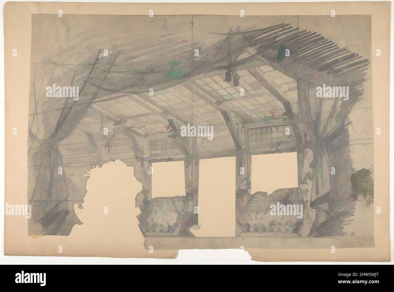 Von Design inspirierte Kunst für eine Bühne an der Opéra, Paris: A Greenhouse, 1828–90, Graphit, unregelmäßiges Blatt: 11 7/8 x 17 5/16 Zoll (30,2 x 43,9 cm), Zeichnungen, Eugène Cicéri (Französisch, Paris 1813–1890 Fontainebleau, Klassische Werke, die von Artotop mit einem Schuss Moderne modernisiert wurden. Formen, Farbe und Wert, auffällige visuelle Wirkung auf Kunst. Emotionen durch Freiheit von Kunstwerken auf zeitgemäße Weise. Eine zeitlose Botschaft, die eine wild kreative neue Richtung verfolgt. Künstler, die sich dem digitalen Medium zuwenden und die Artotop NFT erschaffen Stockfoto