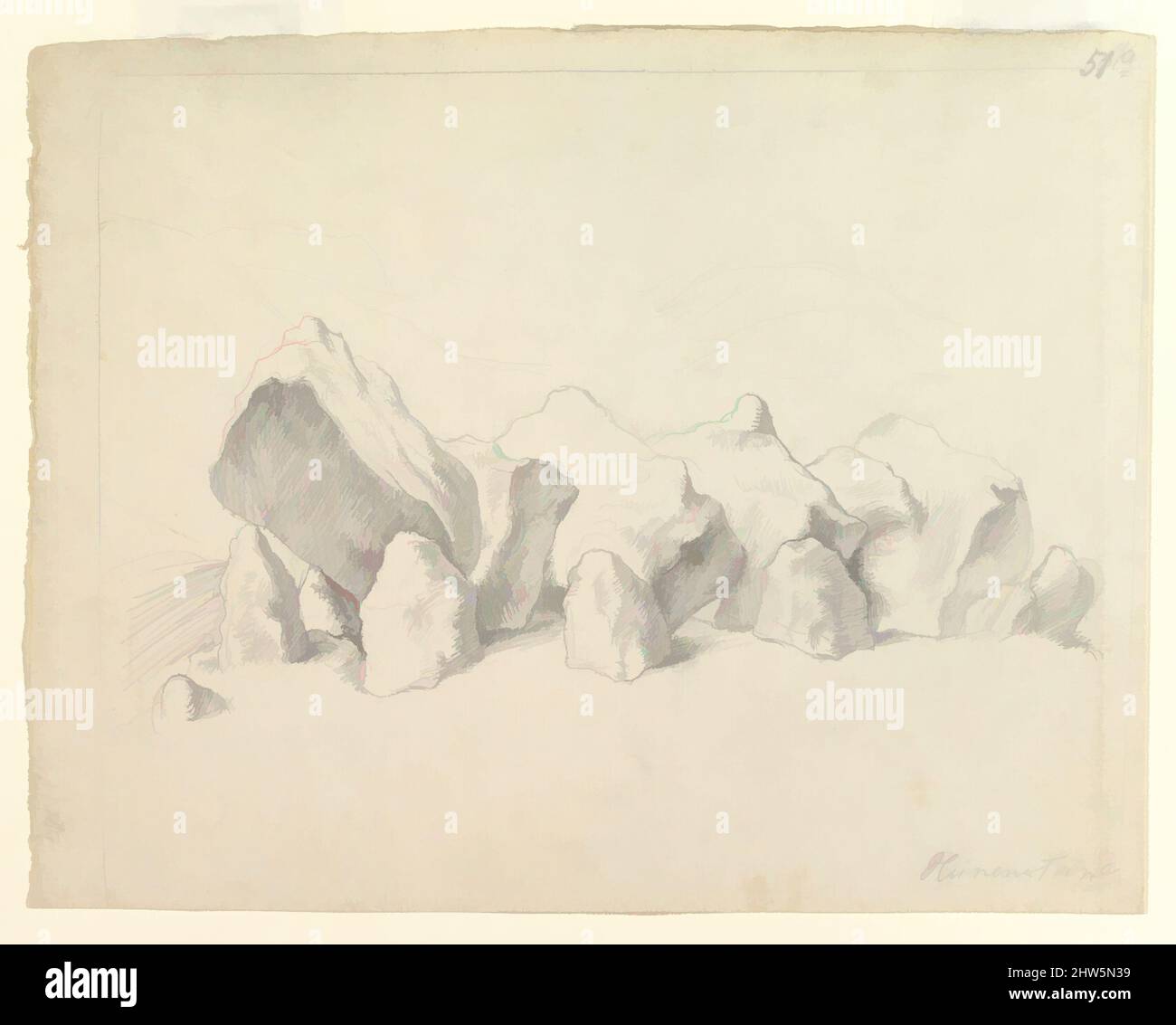 Kunst inspiriert von Einem prähistorischen Steinkreis auf einem Hügel, einer ausgedehnten Landschaft jenseits, Mitte des 18.. Bis Anfang des 19.. Jahrhunderts, Schwarze Kreide oder Graphit; Rahmenlinie in schwarzer Kreide oder Graphit, Blatt: 7 15/16 x 12 3/4 Zoll (20,1 x 32,4 cm) gefaltet, Zeichnungen, Johann Heinrich Wilhelm Tischbein (deutsch, Klassische Werke, die von Artotop mit einem Schuss Moderne modernisiert wurden. Formen, Farbe und Wert, auffällige visuelle Wirkung auf Kunst. Emotionen durch Freiheit von Kunstwerken auf zeitgemäße Weise. Eine zeitlose Botschaft, die eine wild kreative neue Richtung verfolgt. Künstler, die sich dem digitalen Medium zuwenden und die Artotop NFT erschaffen Stockfoto