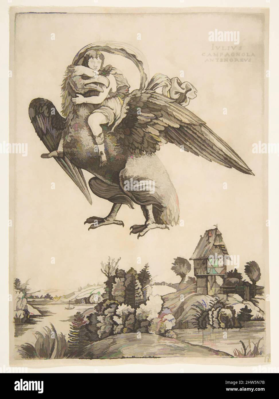 Kunst inspiriert von Ganymede als kleiner Junge auf einem großen Adler (Zeus) im Flug über einer Landschaft, ca. 1500–1505, Gravieren, Blatt: 6 7/8 × 5 1/16 Zoll (17,5 × 12,8 cm), Drucke, Giulio Campagnola (italienisch, Padua ca. 1482–ca. 1515/18 Venedig), ?nach Andrea Mantegna (Italienisch, Isola di, Klassische Werke, die von Artotop mit einem Schuss Moderne modernisiert wurden. Formen, Farbe und Wert, auffällige visuelle Wirkung auf Kunst. Emotionen durch Freiheit von Kunstwerken auf zeitgemäße Weise. Eine zeitlose Botschaft, die eine wild kreative neue Richtung verfolgt. Künstler, die sich dem digitalen Medium zuwenden und die Artotop NFT erschaffen Stockfoto