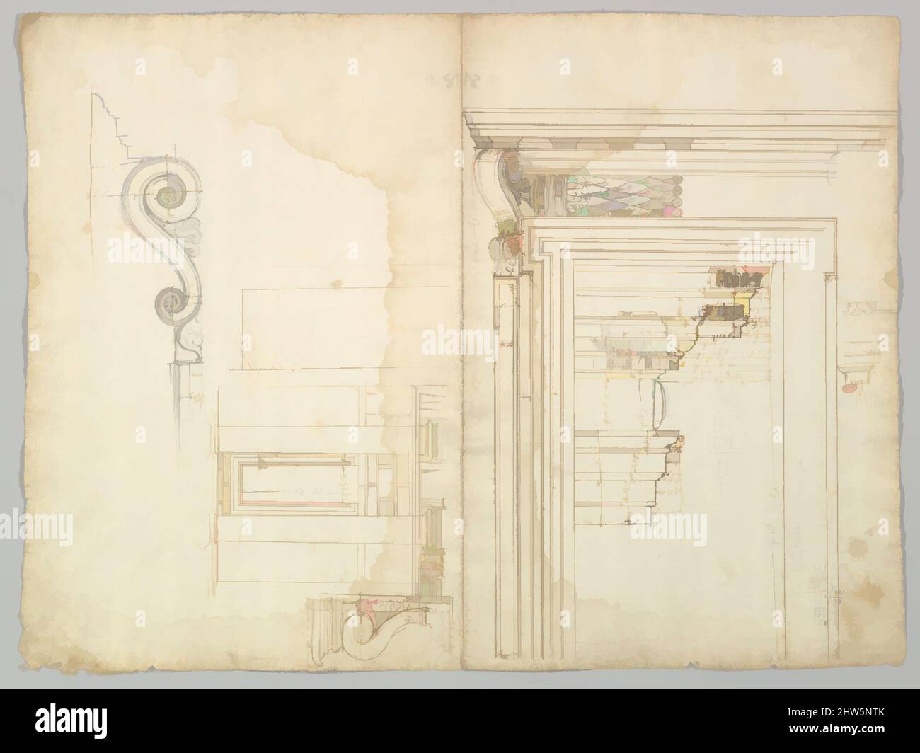 Kunst inspiriert von Palazzo Massimo alle Colonne, Portikus, Höhe; Portal, Gesims, Abschnitt; Portalhalterung, Detail; Kamin, Detail (recto) blank (verso), Anfang bis Mitte des 16.. Jahrhunderts, dunkelbraune Tinte, schwarze Kreide und eingeschnittene Linien, Blatt: 23 1/8 x 17 1/4 Zoll (58,8 x 43,8 cm), Zeichnungen, Klassische Werke, die von Artotop mit einem Schuss Moderne modernisiert wurden. Formen, Farbe und Wert, auffällige visuelle Wirkung auf Kunst. Emotionen durch Freiheit von Kunstwerken auf zeitgemäße Weise. Eine zeitlose Botschaft, die eine wild kreative neue Richtung verfolgt. Künstler, die sich dem digitalen Medium zuwenden und die Artotop NFT erschaffen Stockfoto
