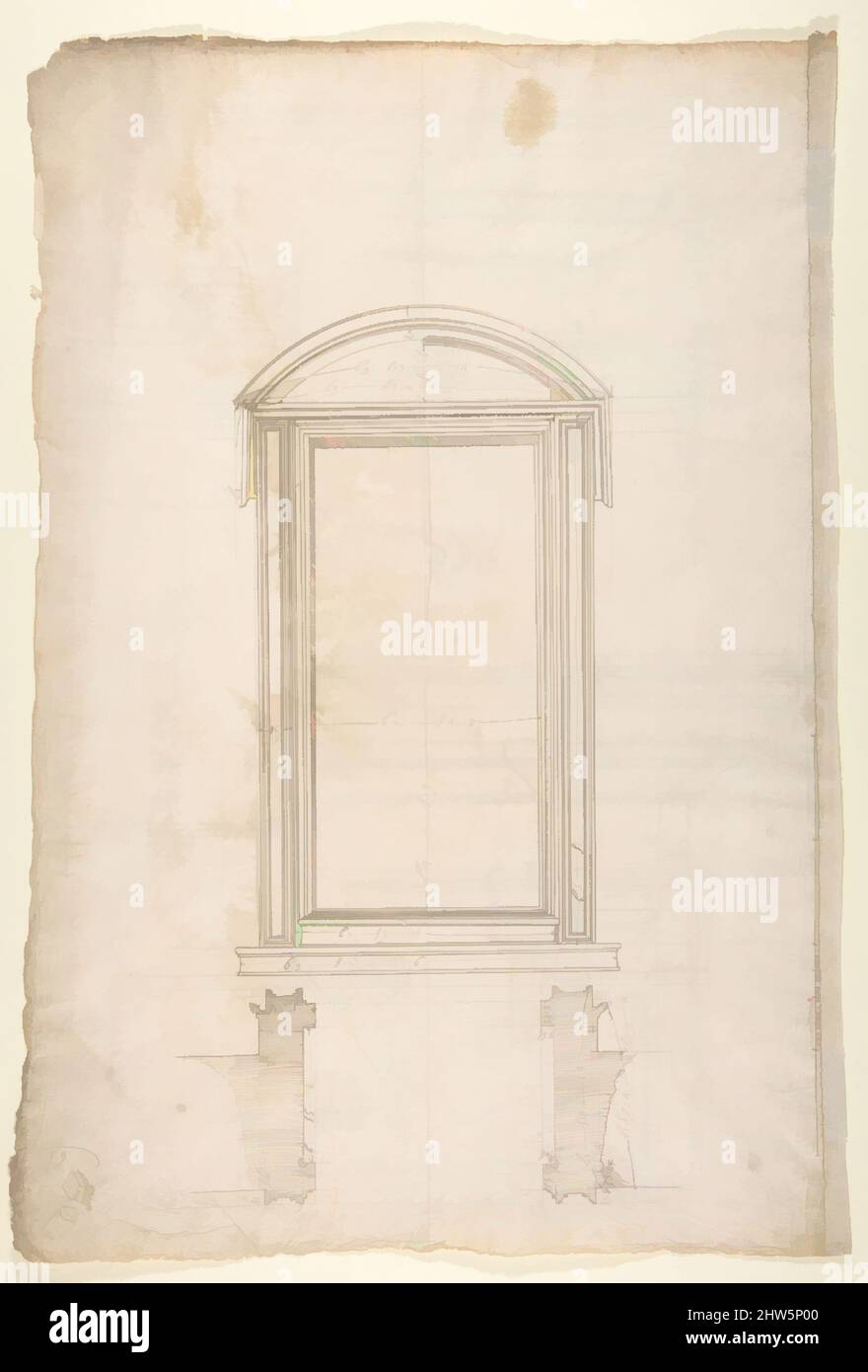 Kunst inspiriert von San Lorenzo, Bibliothek, Ricetto, Portal zu Ricetto, Höhe; Plan (recto) San Lorenzo, Bibliothek, Ricetto, Portal aus dem Kreuzgang, Details (verso), Anfang bis Mitte des 16.. Jahrhunderts, dunkelbraune Tinte, schwarze Kreide und eingeschnittene Linien, Blatt: 17 1/8 x 11 13/16 Zoll (43,5 x 30 cm, Classic Works modernisiert von Artotop mit einem Schuss Modernität. Formen, Farbe und Wert, auffällige visuelle Wirkung auf Kunst. Emotionen durch Freiheit von Kunstwerken auf zeitgemäße Weise. Eine zeitlose Botschaft, die eine wild kreative neue Richtung verfolgt. Künstler, die sich dem digitalen Medium zuwenden und die Artotop NFT erschaffen Stockfoto