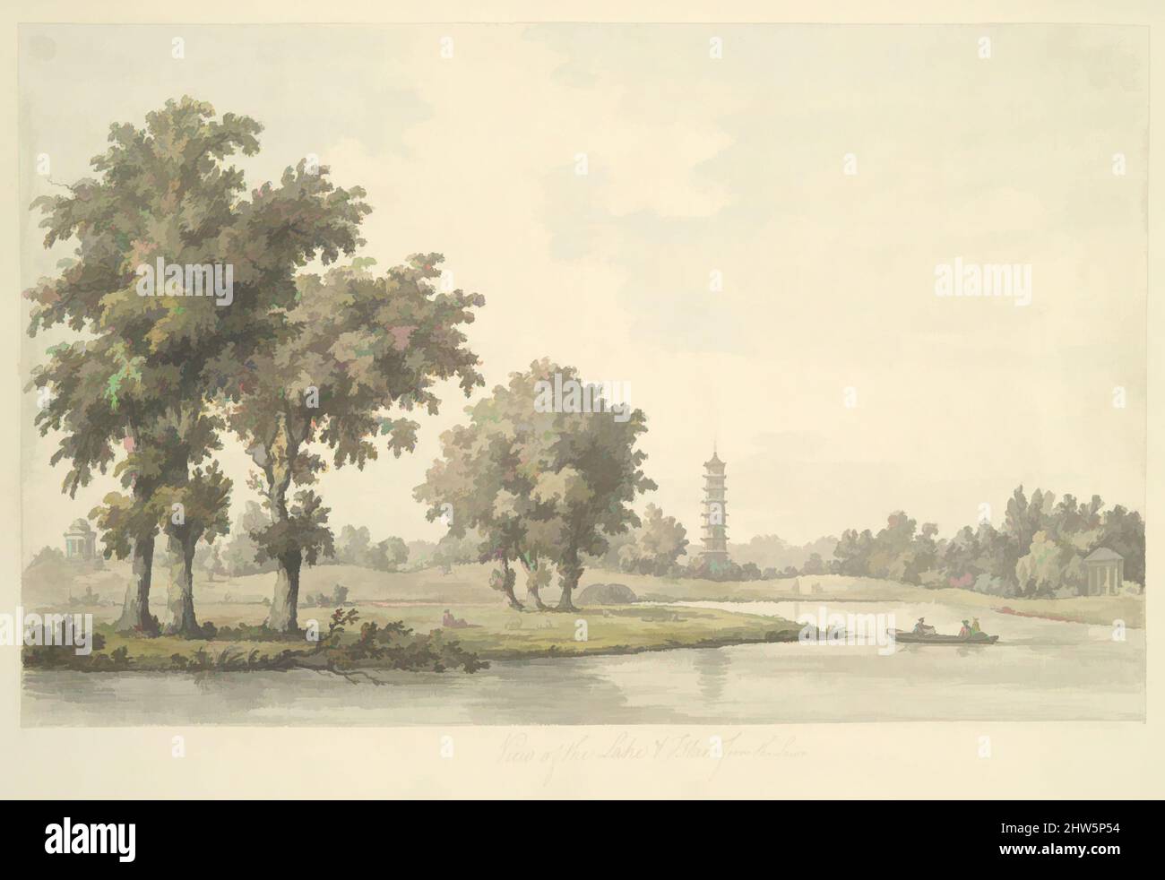Kunst inspiriert von Blick auf den See und die Insel vom Rasen in Kew, 1763, Aquarell, Blatt: 11 3/16 x 17 13/16 Zoll (28,4 x 45,2 cm), Zeichnungen, William Marlow (British, Southwark, London 1740/41–1813 Twickenham, London), Dieses zarte Aquarell zeigt einen Blick in den Royal Botanic, Classic Works modernisiert von Artotop mit einem Schuss Moderne. Formen, Farbe und Wert, auffällige visuelle Wirkung auf Kunst. Emotionen durch Freiheit von Kunstwerken auf zeitgemäße Weise. Eine zeitlose Botschaft, die eine wild kreative neue Richtung verfolgt. Künstler, die sich dem digitalen Medium zuwenden und die Artotop NFT erschaffen Stockfoto