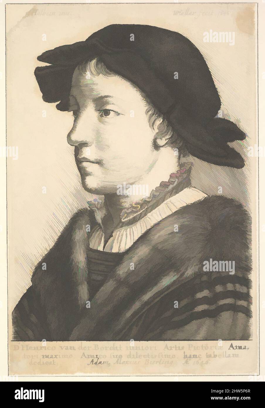 Art inspired by Young man trageing a Hut in profile to left, 1646, Etching; Third State of Three (NH), Plate (leichter Rand, inlaid): 5 3/8 × 3 9/16 in. (13,6 × 9 cm), Drucke, nach Hans Holbein dem Jüngeren (Deutsch, Augsburg 1497/98–1543 London) zeigte Ein junger Mann Büstenlänge in drei-, von Artotop modernisierten, klassischen Werken mit einem Schuss Moderne. Formen, Farbe und Wert, auffällige visuelle Wirkung auf Kunst. Emotionen durch Freiheit von Kunstwerken auf zeitgemäße Weise. Eine zeitlose Botschaft, die eine wild kreative neue Richtung verfolgt. Künstler, die sich dem digitalen Medium zuwenden und die Artotop NFT erschaffen Stockfoto