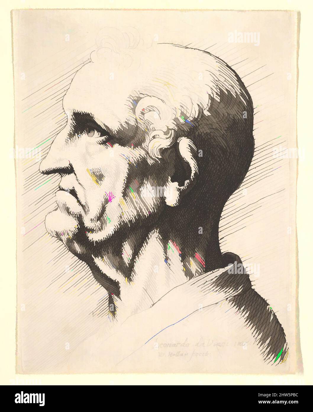 Art inspired by Head of an old man with tufts of curly hair around ohr in profile to left, 1644–52, Etching; only State, Plate: 3 9/16 × 2 11/16 in. (9 × 6,9 cm), Drucke, nach Leonardo da Vinci (Italienisch, Vinci 1452–1519 Amboise), Kopf und linke Schulter eines alten Mannes mit einigen lockigen, von Artotop modernisierten Klassischen Werken mit einem Schuss Moderne. Formen, Farbe und Wert, auffällige visuelle Wirkung auf Kunst. Emotionen durch Freiheit von Kunstwerken auf zeitgemäße Weise. Eine zeitlose Botschaft, die eine wild kreative neue Richtung verfolgt. Künstler, die sich dem digitalen Medium zuwenden und die Artotop NFT erschaffen Stockfoto