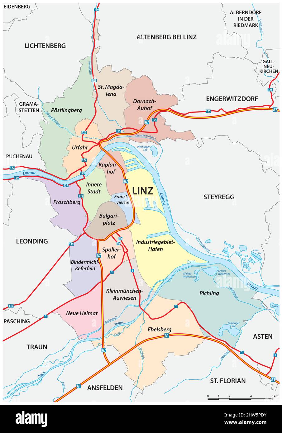 Straßen- und Verwaltungsvektorkarte der oberösterreichischen Hauptstadt Linz Stock Vektor