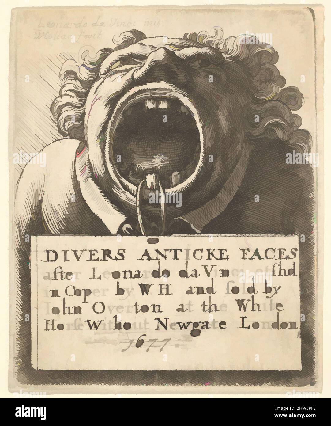 Art inspired by Title Page, Divers Anticke Faces, 1677, Etching; Second State of Two (NH), Platte: 2 5/8 × 2 3/16 in. (6,7 × 5,5 cm), Drucke, nach Leonardo da Vinci (Italienisch, Vinci 1452–1519 Amboise), Titelseite zu 'Divers Anticke Faces', mit Titel auf Tablette beschriftet, suspendiert von A, Klassische Werke, die von Artotop mit einem Schuss Moderne modernisiert wurden. Formen, Farbe und Wert, auffällige visuelle Wirkung auf Kunst. Emotionen durch Freiheit von Kunstwerken auf zeitgemäße Weise. Eine zeitlose Botschaft, die eine wild kreative neue Richtung verfolgt. Künstler, die sich dem digitalen Medium zuwenden und die Artotop NFT erschaffen Stockfoto