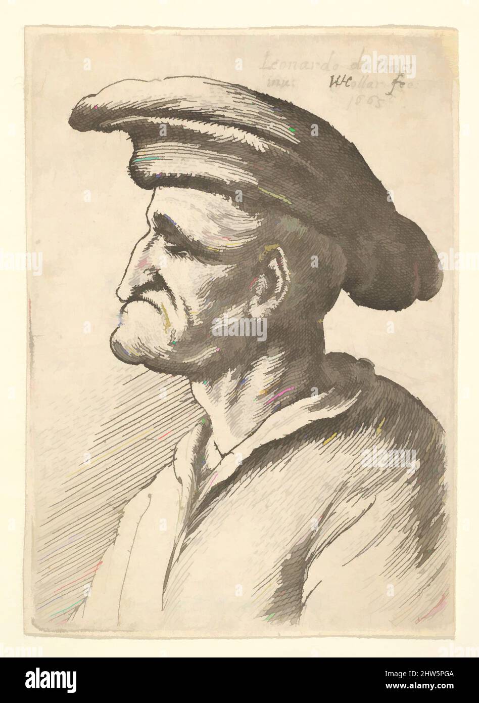 Kunst inspiriert von Büste eines älteren Mannes mit Nase, die auf seine Unterlippe trifft, mit breiter flacher Kappe im Profil nach links, 1665, Ätzung; nur Zustand, Blatt: 2 5/8 × 1 7/8 in. (6,7 × 4,8 cm), Drucke, nach Leonardo da Vinci (Italienisch, Vinci 1452–1519 Amboise, Klassische Werke, die von Artotop mit einem Schuss Moderne modernisiert wurden. Formen, Farbe und Wert, auffällige visuelle Wirkung auf Kunst. Emotionen durch Freiheit von Kunstwerken auf zeitgemäße Weise. Eine zeitlose Botschaft, die eine wild kreative neue Richtung verfolgt. Künstler, die sich dem digitalen Medium zuwenden und die Artotop NFT erschaffen Stockfoto