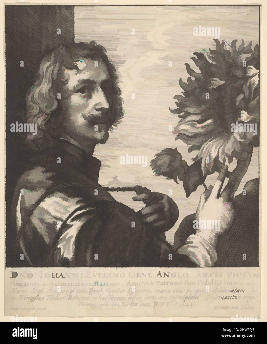 Art inspired by Sir Anthony van Dyck with a Sunflower, 1644, Etching; Third State of Three, Blatt: 5 5/16 × 4 3/8 in. (13,5 × 11,1 cm), Drucke, nach Anthony van Dyck (Flämisch, Antwerpen 1599–1641 London), Porträt von Sir Anthony van Dyck, Kopf und Schultern im Profil nach rechts, mit, Klassische Werke, die von Artotop mit einem Schuss Moderne modernisiert wurden. Formen, Farbe und Wert, auffällige visuelle Wirkung auf Kunst. Emotionen durch Freiheit von Kunstwerken auf zeitgemäße Weise. Eine zeitlose Botschaft, die eine wild kreative neue Richtung verfolgt. Künstler, die sich dem digitalen Medium zuwenden und die Artotop NFT erschaffen Stockfoto