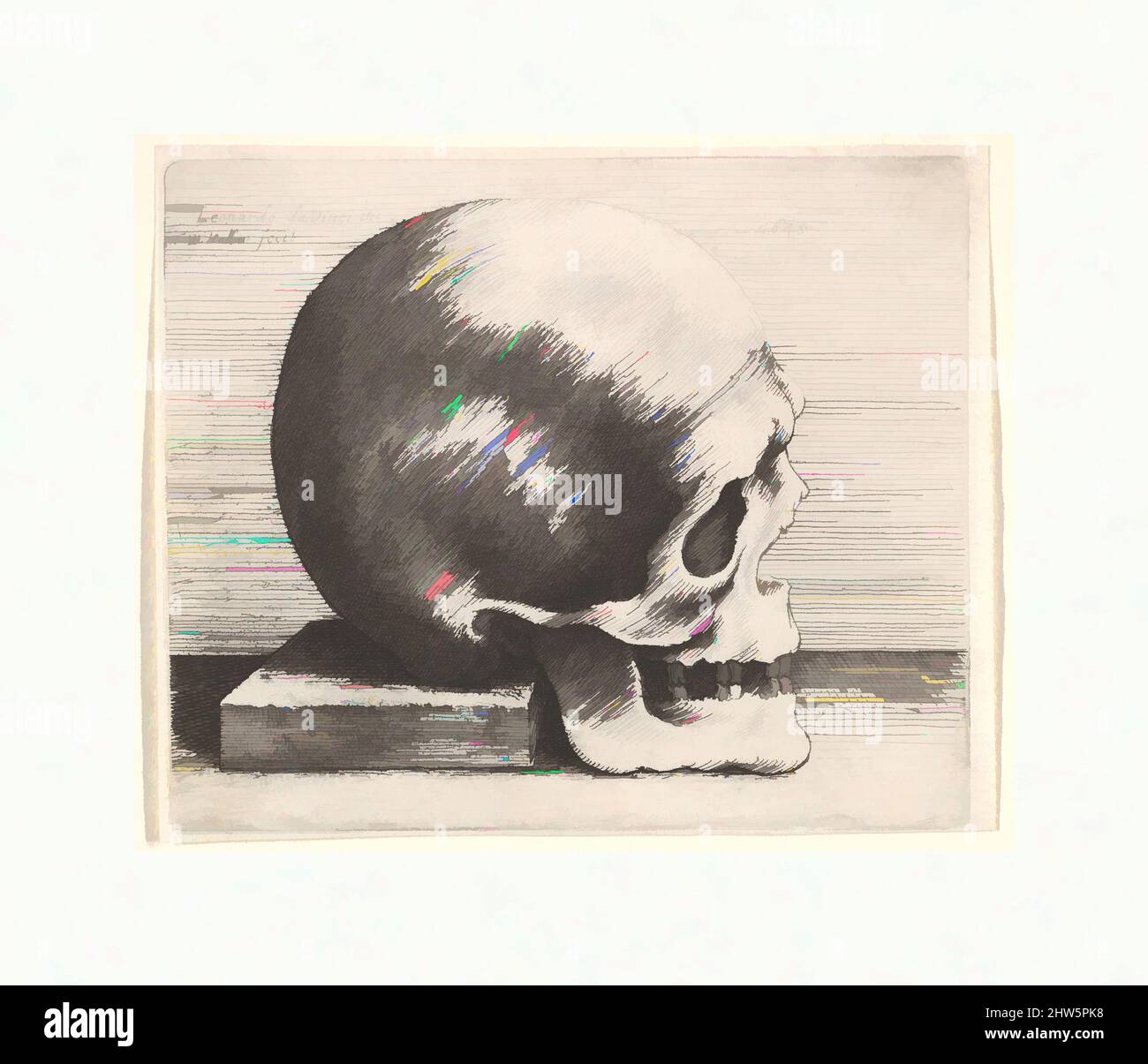 Kunst inspiriert von Schädel im Profil nach rechts, 1645, Ätzung; nur Zustand, Platte: 3 1/16 × 3 11/16 Zoll (7,8 × 9,3 cm), Drucke, nach Leonardo da Vinci (Italienisch, Vinci 1452–1519 Amboise), Schädel im Profil nach rechts, auf einem Buch ruht. Nach Leonardo da Vinci modernisierten die klassischen Werke von Artotop mit einem Schuss Moderne. Formen, Farbe und Wert, auffällige visuelle Wirkung auf Kunst. Emotionen durch Freiheit von Kunstwerken auf zeitgemäße Weise. Eine zeitlose Botschaft, die eine wild kreative neue Richtung verfolgt. Künstler, die sich dem digitalen Medium zuwenden und die Artotop NFT erschaffen Stockfoto