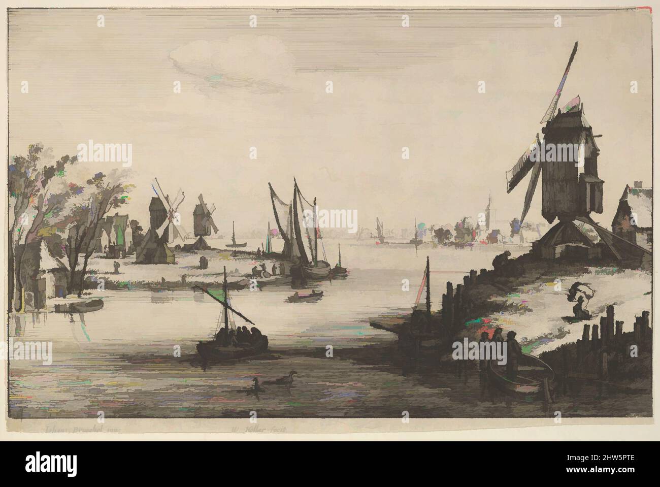 Art inspired by the Three Windmills, 1651, Radierung, Blatt: 5 3/8 × 8 5/16 in. (13,6 × 21,1 cm), Drucke, nach Jan Brueghel der Ältere (Niederländisch, Brüssel 1568–1625 Antwerpen), die drei Windmühlen; zwei Windmühlen und Hütten am Flussufer auf der linken Seite, Windmühle mit Dorf und, Klassische Werke, die von Artotop mit einem Schuss Moderne modernisiert wurden. Formen, Farbe und Wert, auffällige visuelle Wirkung auf Kunst. Emotionen durch Freiheit von Kunstwerken auf zeitgemäße Weise. Eine zeitlose Botschaft, die eine wild kreative neue Richtung verfolgt. Künstler, die sich dem digitalen Medium zuwenden und die Artotop NFT erschaffen Stockfoto