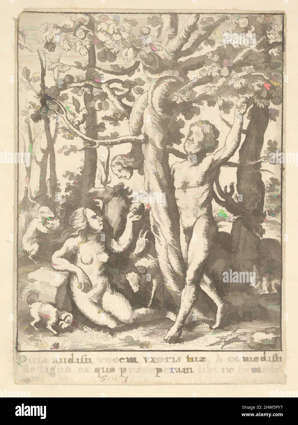 Art Inspired by Garden of Eden, from the Dance of Death, 1651, Etching; Second State of Four, Blatt: 2 15/16 × 2 3/16 in. (7,5 × 5,5 cm), Drucke, nach Hans Holbein dem Jüngeren (Deutsch, Augsburg 1497/98–1543 London, Klassische Werke, die von Artotop mit einem Schuss Moderne modernisiert wurden. Formen, Farbe und Wert, auffällige visuelle Wirkung auf Kunst. Emotionen durch Freiheit von Kunstwerken auf zeitgemäße Weise. Eine zeitlose Botschaft, die eine wild kreative neue Richtung verfolgt. Künstler, die sich dem digitalen Medium zuwenden und die Artotop NFT erschaffen Stockfoto