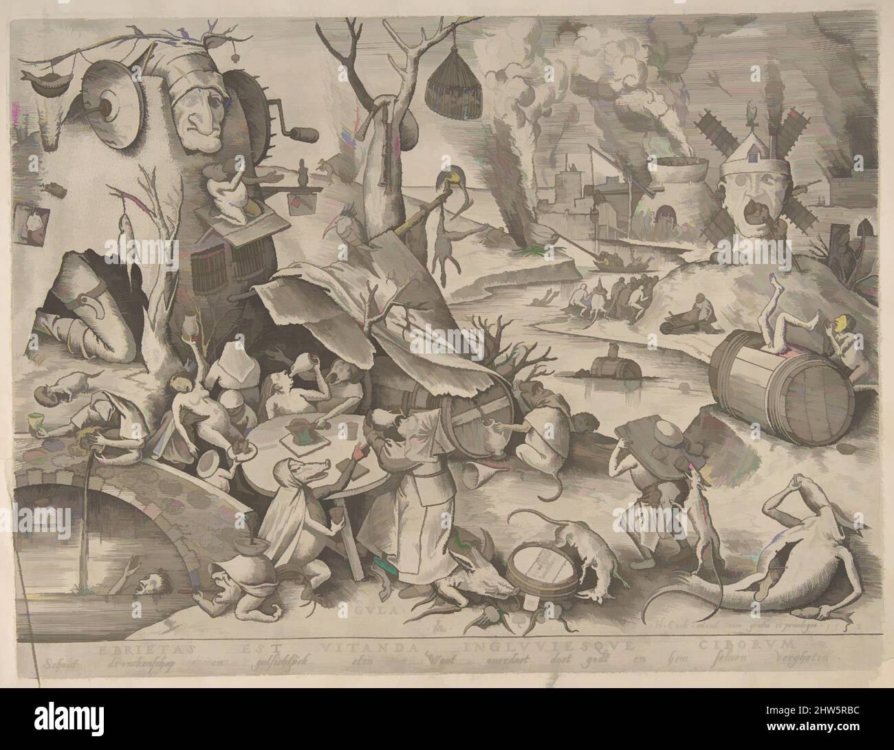Kunst inspiriert von Gluttony (Gula) aus den sieben Todsünden, 1558, Gravur, Blatt: 8 3/4 x 11 9/16 Zoll (22,3 x 29,3 cm), Drucke, nach Pieter Bruegel dem Älteren (Niederländisch, Breda (?) Ca. 1525–1569 Brüssel), Pieter van der Heyden (Niederländisch, ca. 1525–1569, von Artotop modernisierte klassische Werke mit einem Schuss Moderne. Formen, Farbe und Wert, auffällige visuelle Wirkung auf Kunst. Emotionen durch Freiheit von Kunstwerken auf zeitgemäße Weise. Eine zeitlose Botschaft, die eine wild kreative neue Richtung verfolgt. Künstler, die sich dem digitalen Medium zuwenden und die Artotop NFT erschaffen Stockfoto