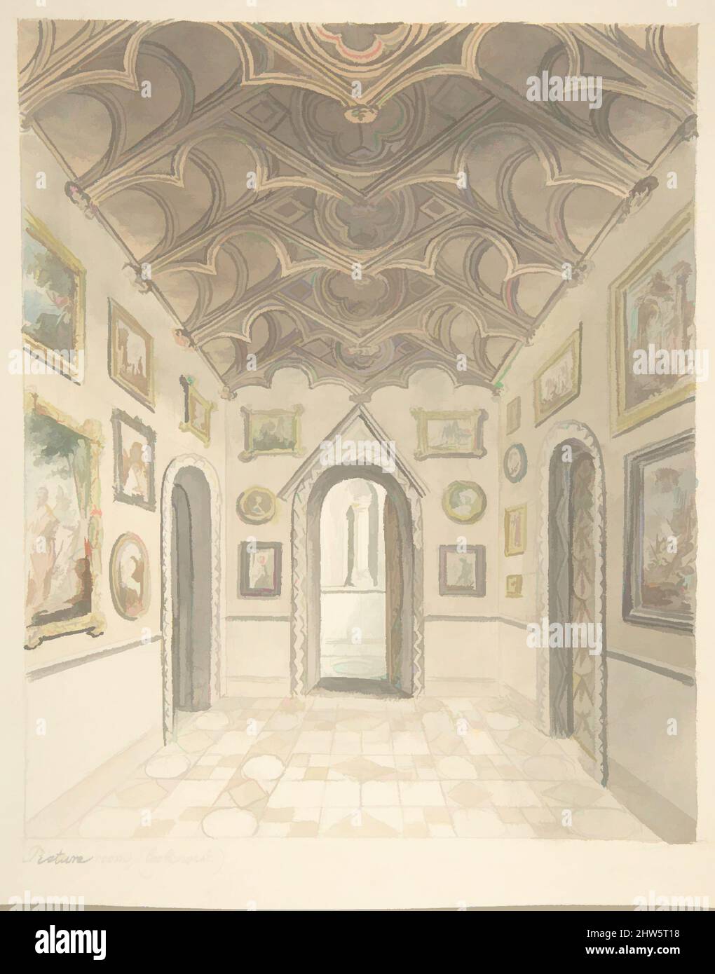 Kunst inspiriert von Lea Castle, Worcestershire, Picture Room, Looking West, ca. 1816, Aquarell, Blatt: 8 1/2 x 7 Zoll (21,6 x 17,8 cm), zugeschrieben John Carter (British, London 1748–1817 London, Klassische Werke, die von Artotop mit einem Schuss Moderne modernisiert wurden. Formen, Farbe und Wert, auffällige visuelle Wirkung auf Kunst. Emotionen durch Freiheit von Kunstwerken auf zeitgemäße Weise. Eine zeitlose Botschaft, die eine wild kreative neue Richtung verfolgt. Künstler, die sich dem digitalen Medium zuwenden und die Artotop NFT erschaffen Stockfoto